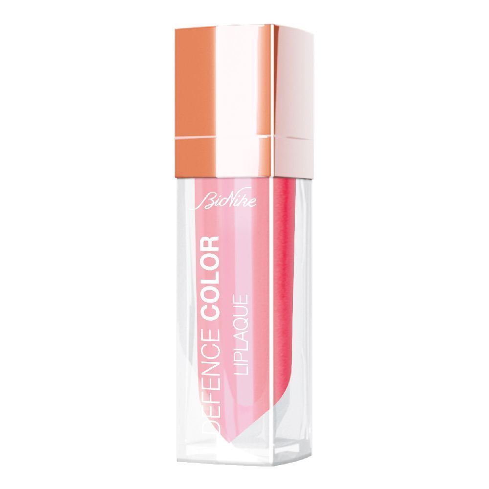 Tubo lucidalabbra trasparente con contenuto rosa. Tappo oro rosa. Marchio Bionike, scritta Defence Color Liplaque.
