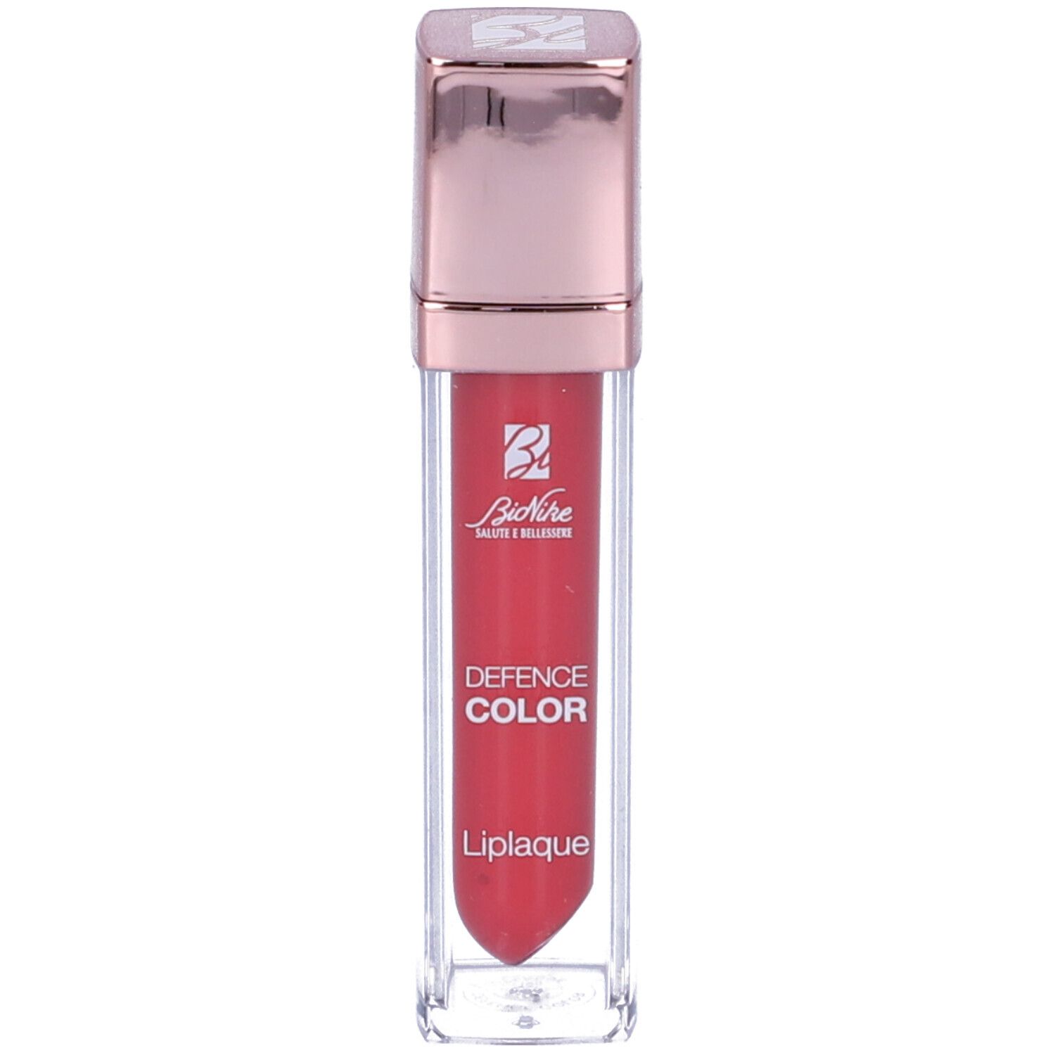 Tubo lucidalabbra rosso con tappo oro rosa. Marchio Bionike, scritta Defence Color Liplaque. Confezione trasparente.