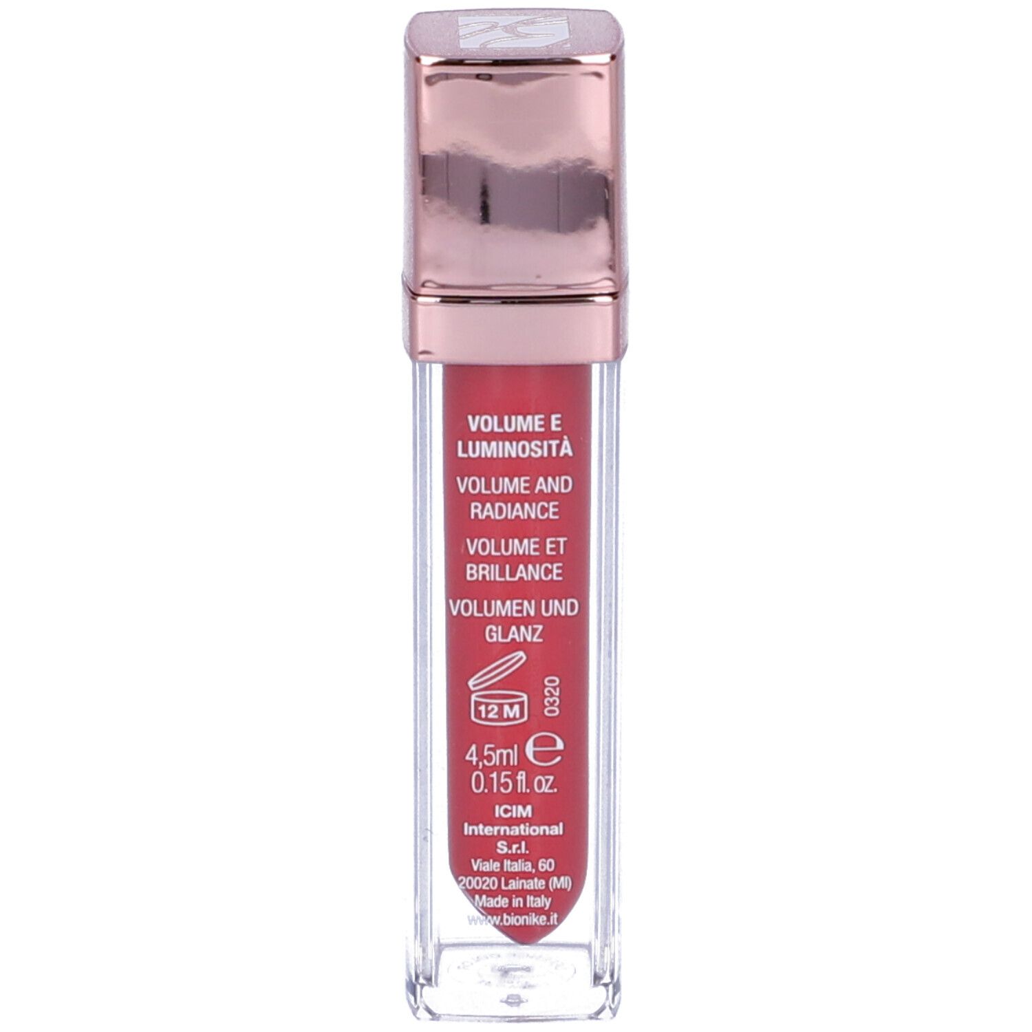 Tubo lucidalabbra rosso con tappo oro rosa. Marchio Bionike, scritta Defence Color Liplaque. Confezione trasparente.