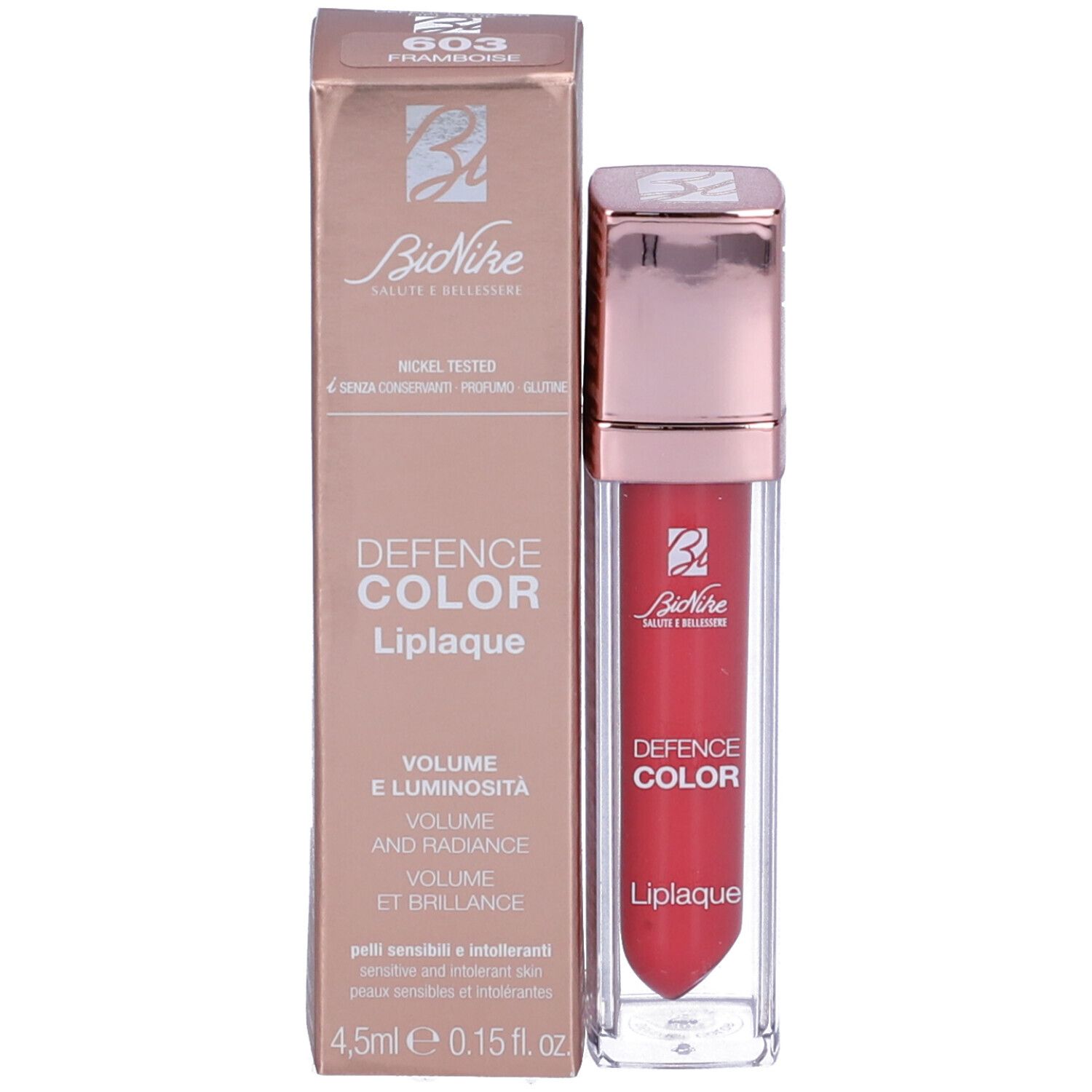 Lucidalabbra e confezione. Lucidalabbra rosso, tappo oro rosa. Confezione con informazioni sul prodotto. Marchio Bionike.