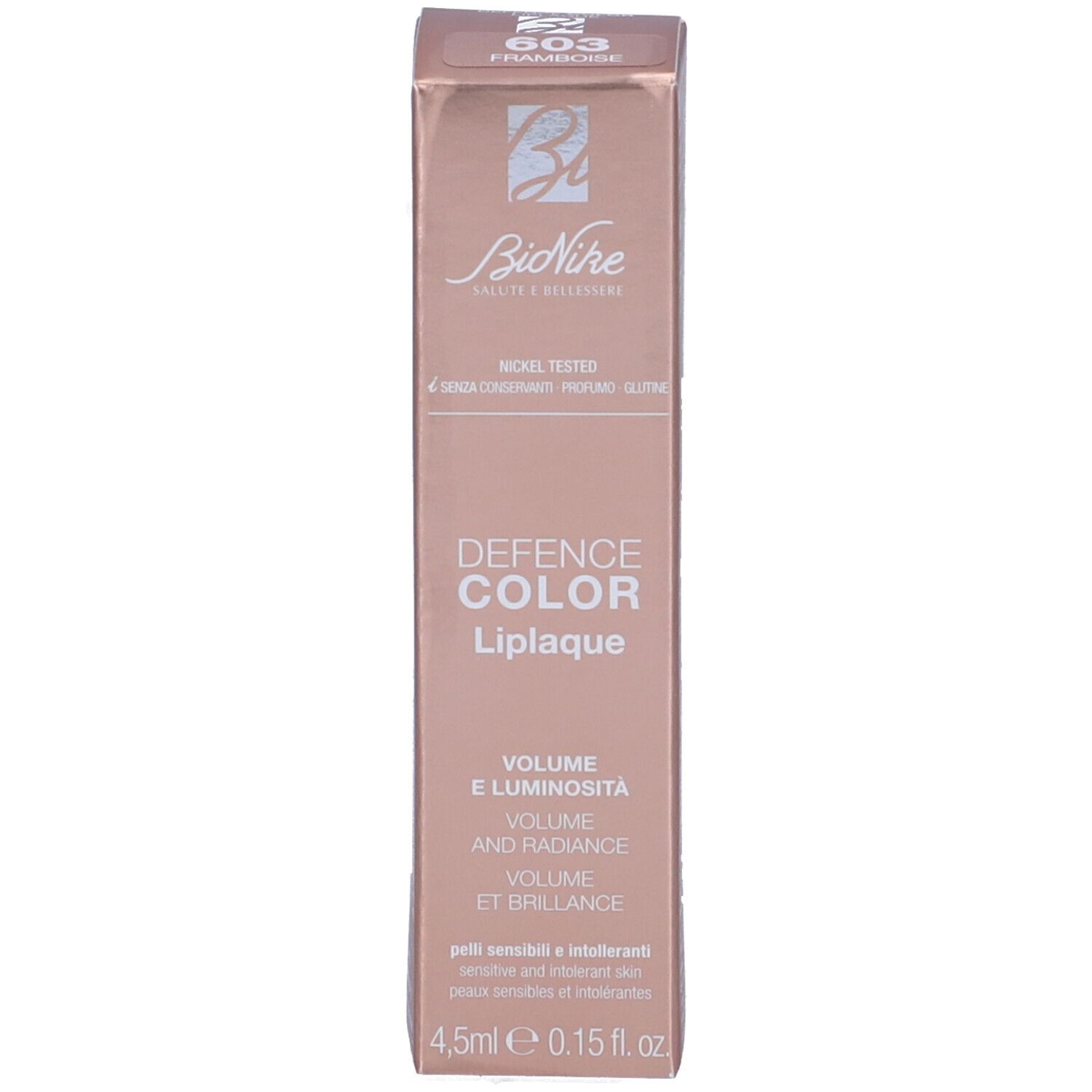 Confezione con lucidalabbra. Lucidalabbra rosso, tappo oro rosa. Informazioni sul prodotto. Marchio Bionike.