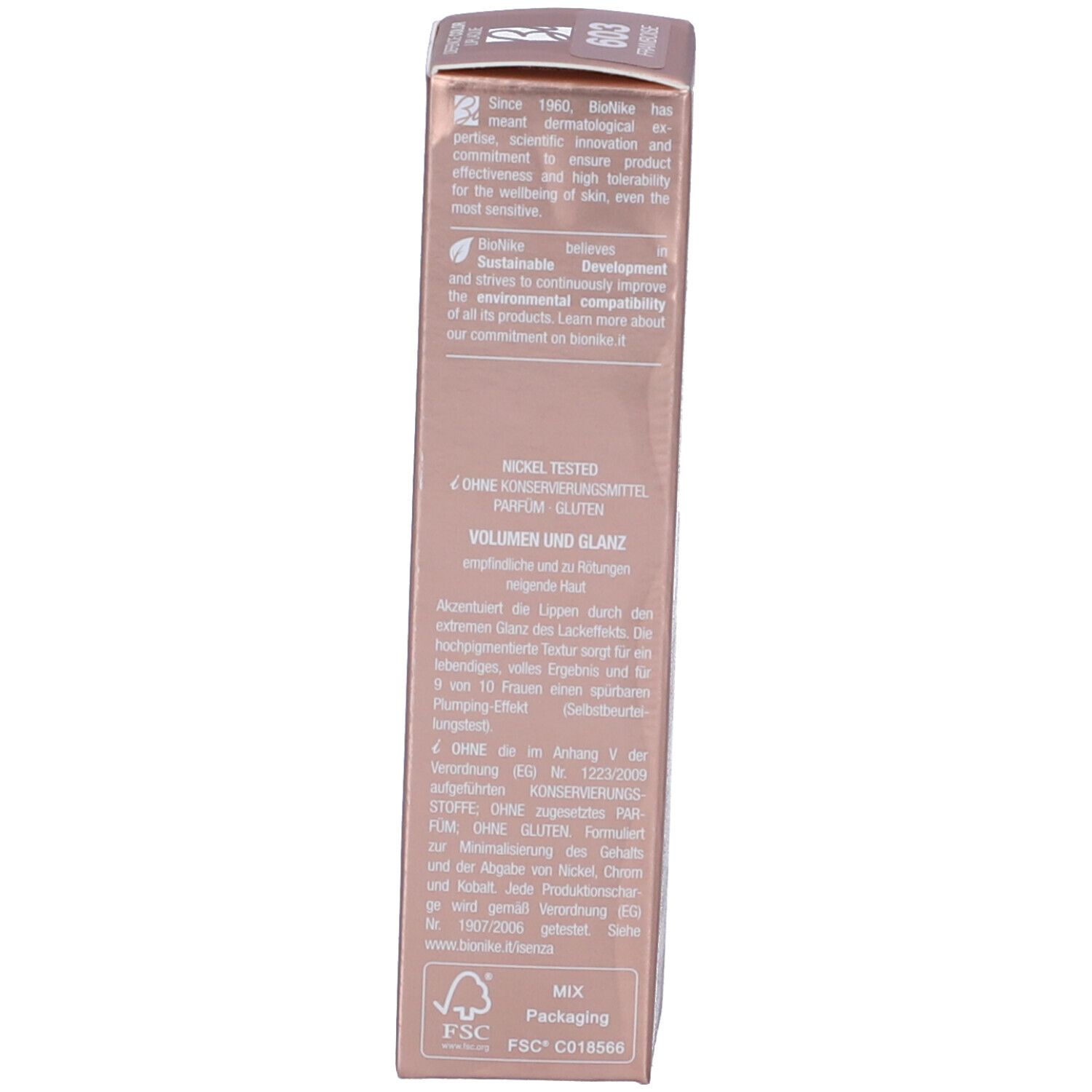 Confezione prodotto. Marchio Bionike. Testo: Defence Color Liplaque, Volume e Luminosita', Nickel Tested, Senza glutine, 4,5ml.