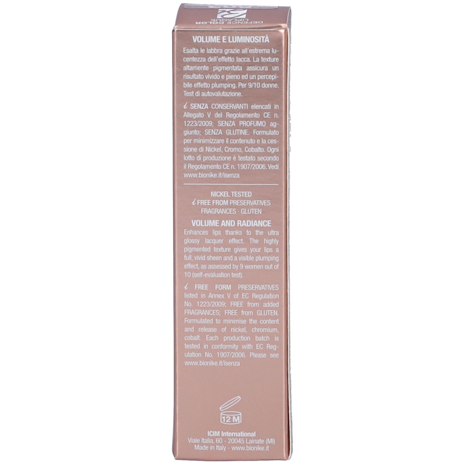 Confezione prodotto. Marchio Bionike. Testo: Defence Color Liplaque, Volume e Luminosita', Nickel Tested, Senza glutine, 4,5ml.