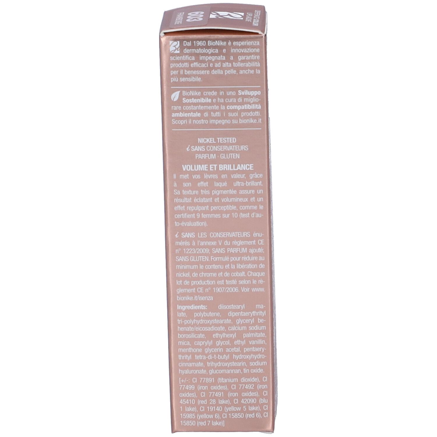 Confezione prodotto. Marchio Bionike. Testo: Defence Color Liplaque, Volume e Luminosita', Nickel Tested, Senza glutine, 4,5ml.