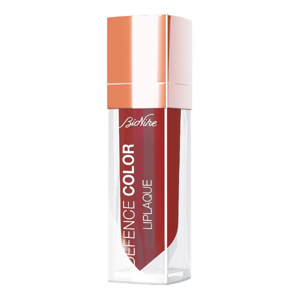 BioNike Defence Color Liplaque. Rossetto rosso in flacone trasparente con tappo oro rosa. Marchio visibile.
