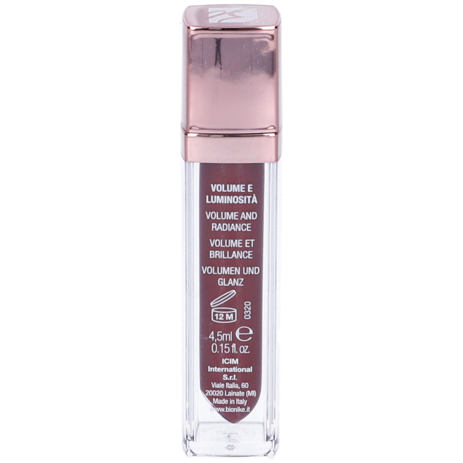 BioNike Defence Color Liplaque. Retro della confezione del rossetto. Testo multilingue, tra cui Volume e Luminosità.