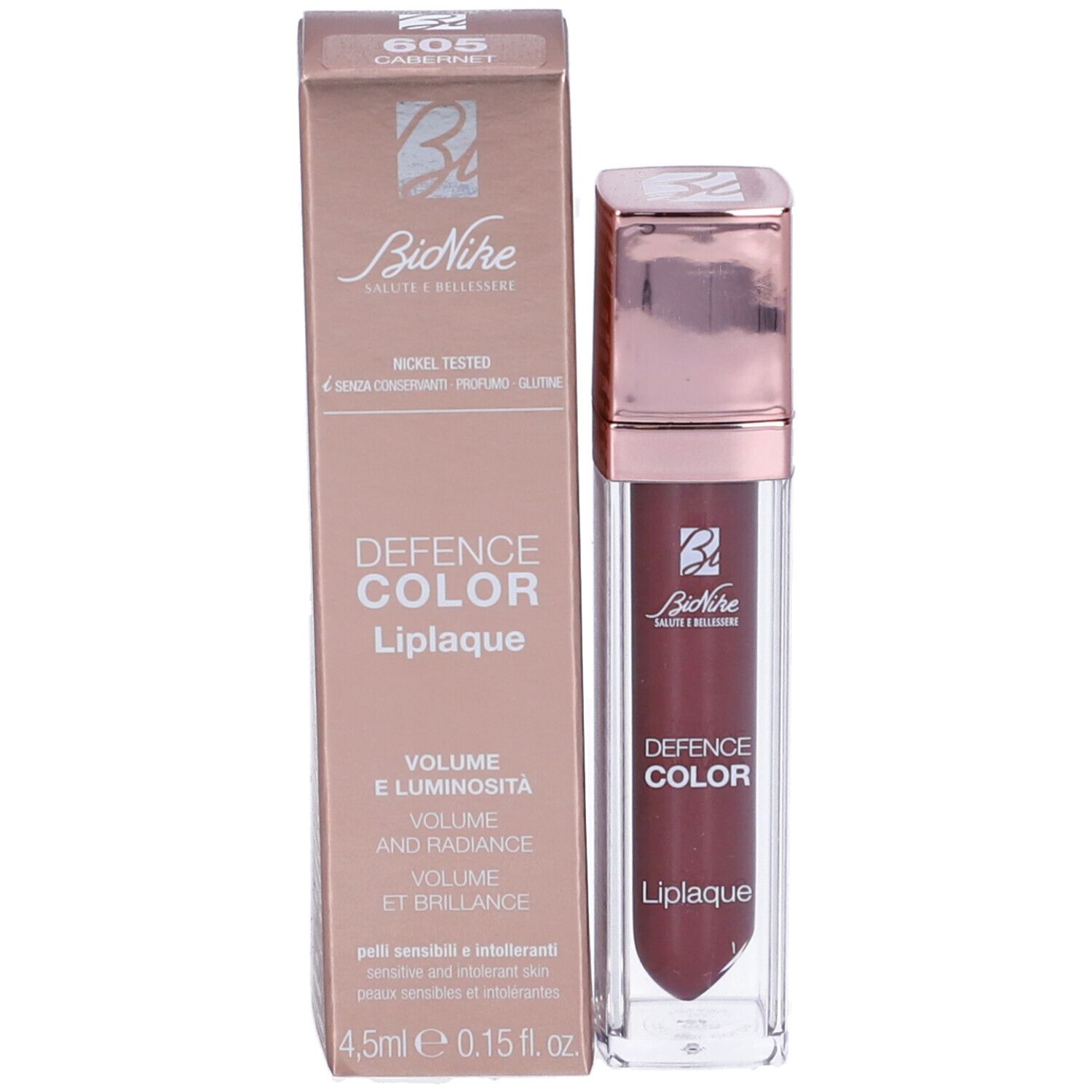 BioNike Defence Color Liplaque e confezione. Rossetto e scatola. Sulla confezione: volume, colore, marchio e tonalità.