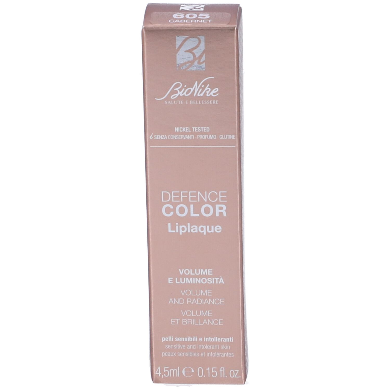 Confezione BioNike Defence Color Liplaque. Scatola con informazioni sul prodotto. Marchio, tonalità, volume e testo.