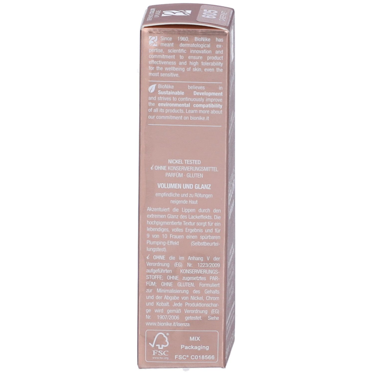 Confezione BioNike Defence Color Liplaque. Lato della confezione con testo. Informazioni sul prodotto e sul marchio.