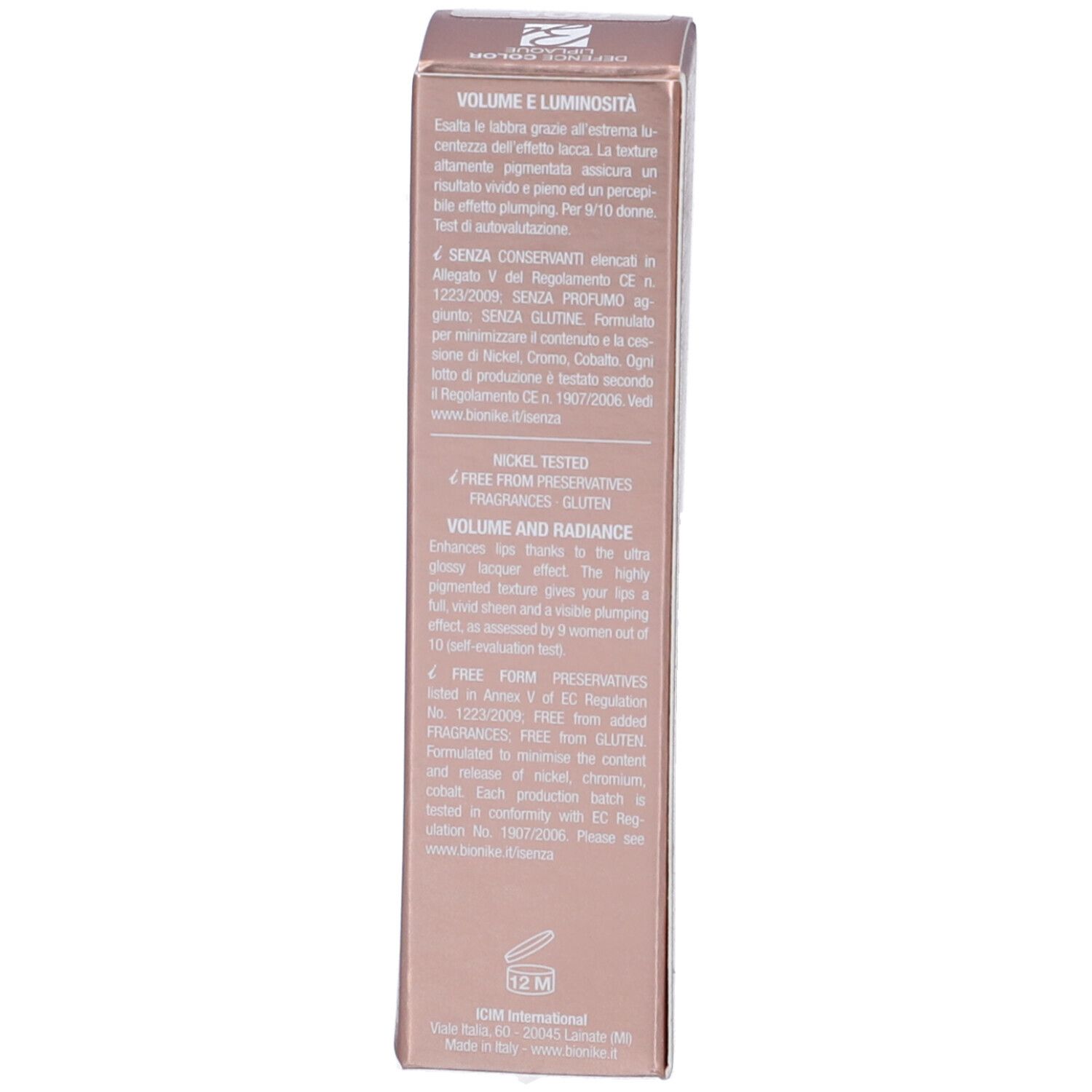 Confezione BioNike Defence Color Liplaque. Lato della confezione con testo. Informazioni sul prodotto e sul marchio.