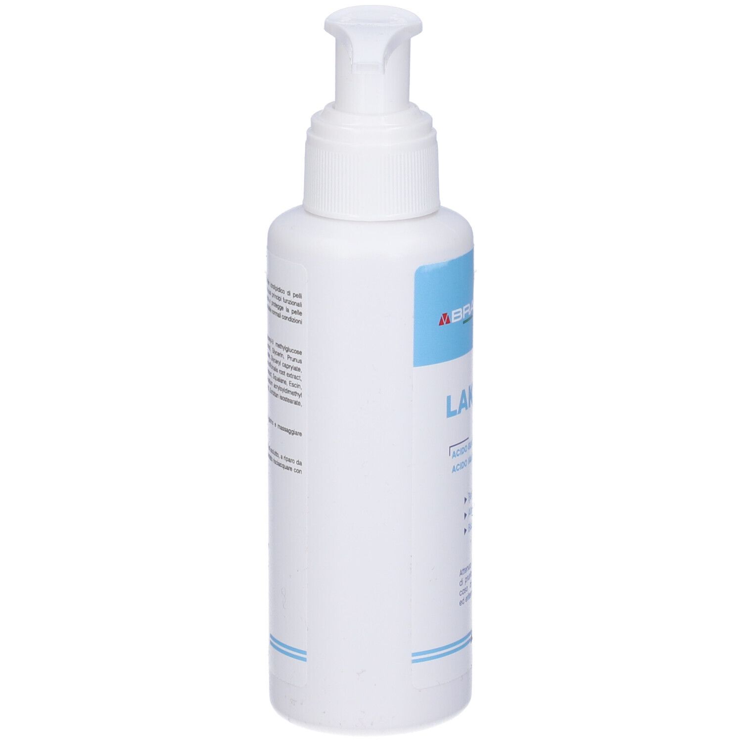 Flacone bianco con dosatore a pompa. Etichette blu con testo. Nome del prodotto non visibile.