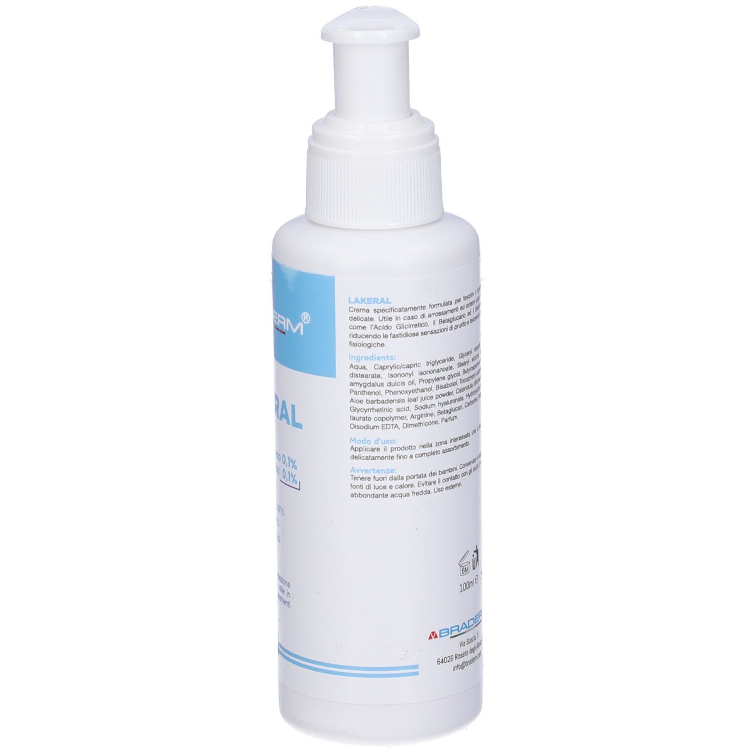 Flacone bianco con dosatore a pompa. Etichette blu con testo. Nome del prodotto non visibile.