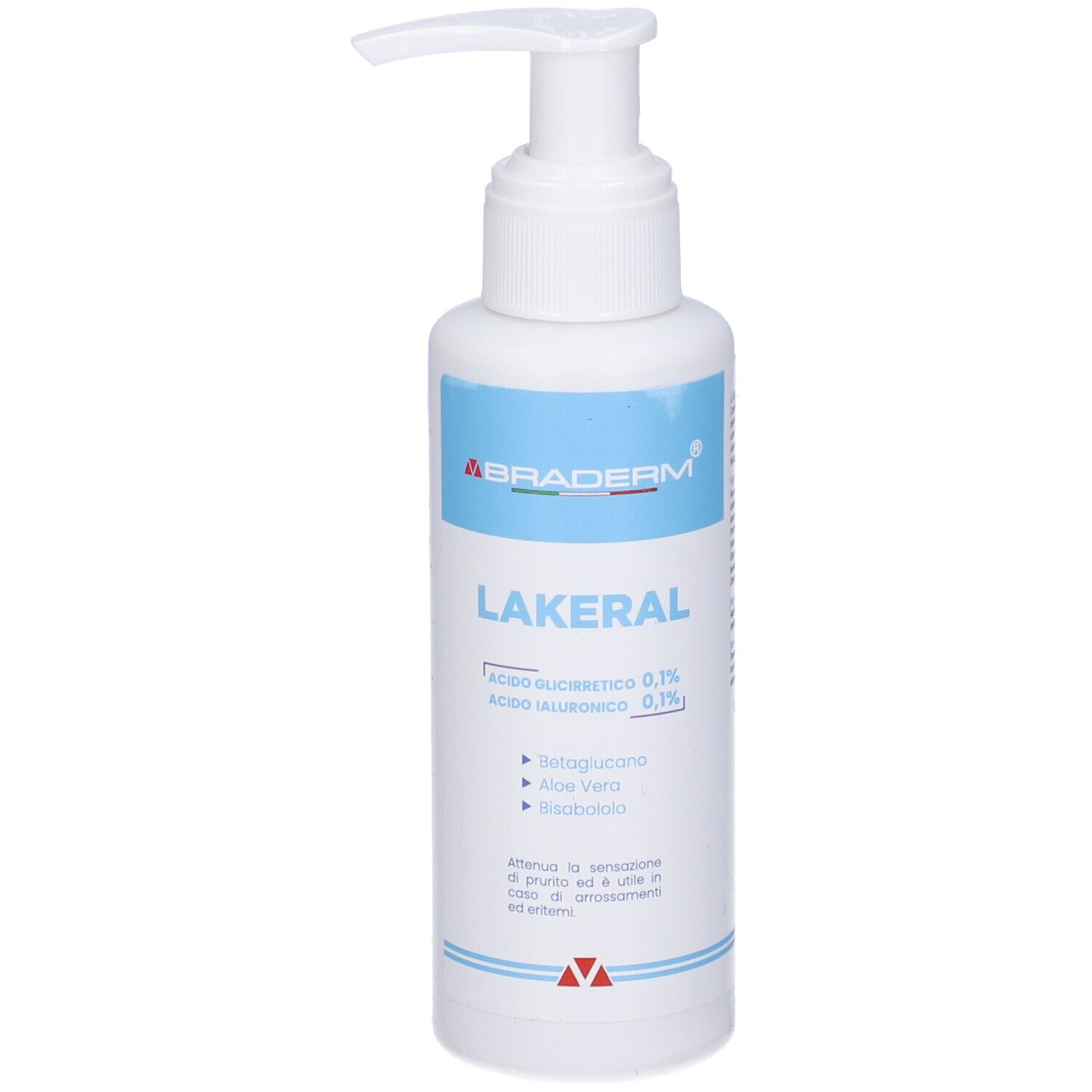 Flacone bianco con dosatore a pompa. Etichette blu con testo: LAKERAL, ingredienti. Logo Braderm.