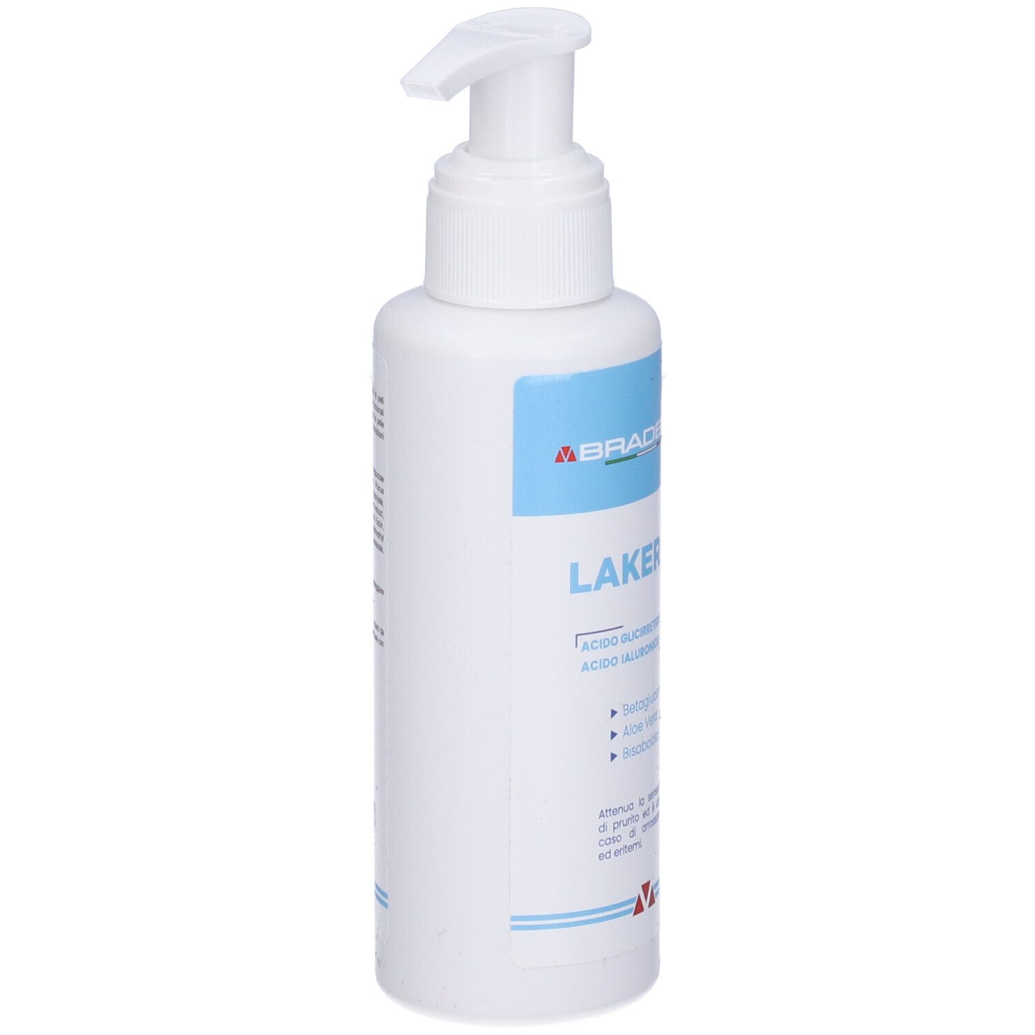 Flacone bianco con dosatore a pompa. Etichette blu con testo: LAKERAL, ingredienti. Logo Braderm.