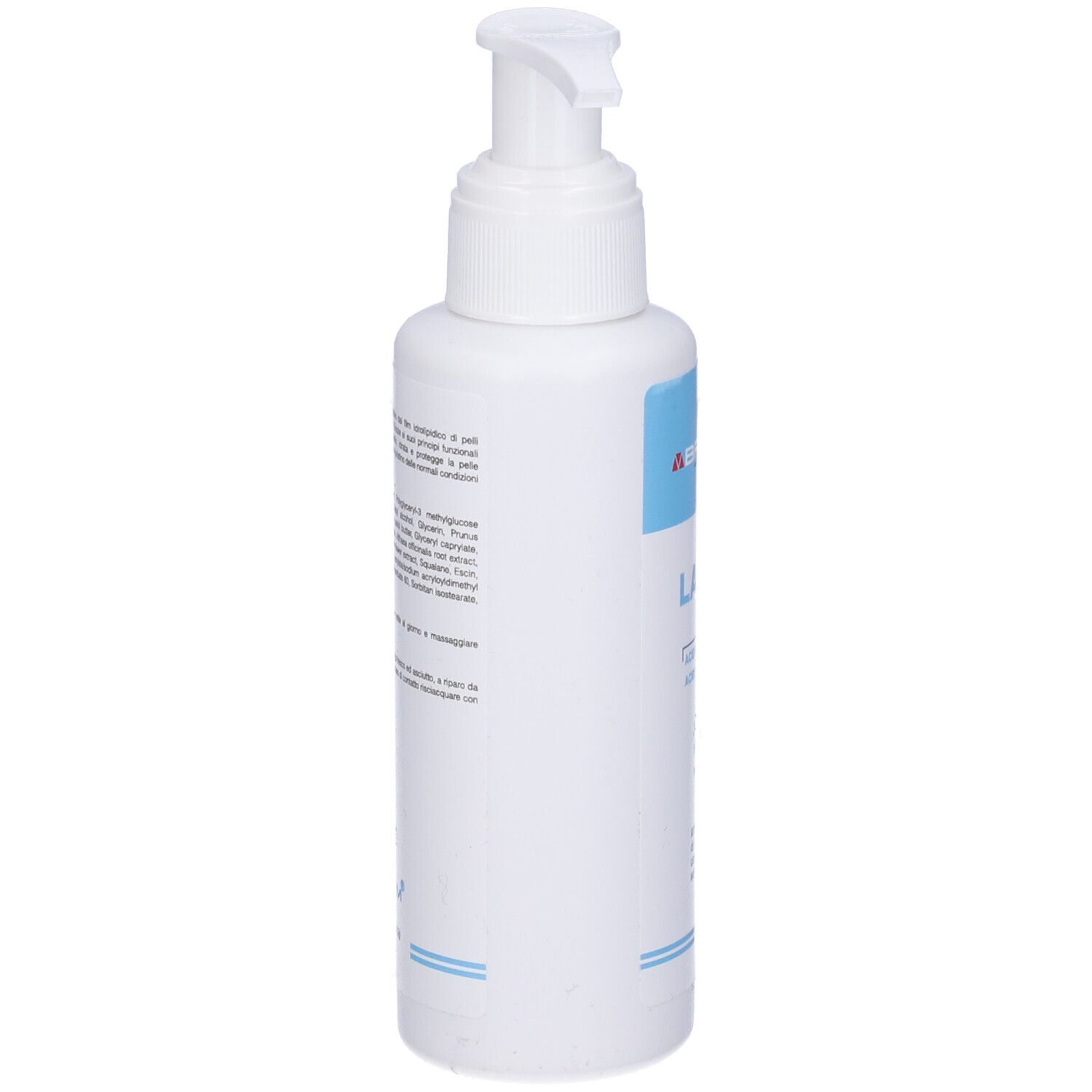 Flacone bianco con dosatore a pompa. Etichette blu con testo. Nome del prodotto non visibile.