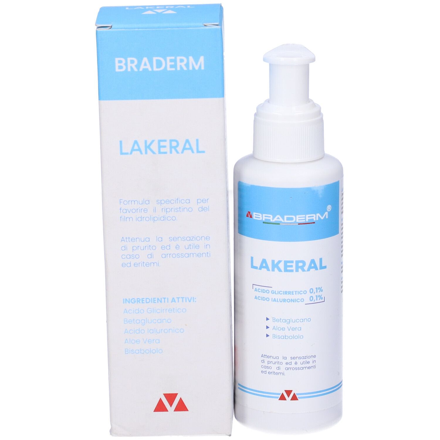Flacone e scatola. Flacone con dosatore a pompa, etichetta LAKERAL. Scatola con testo e logo Braderm.