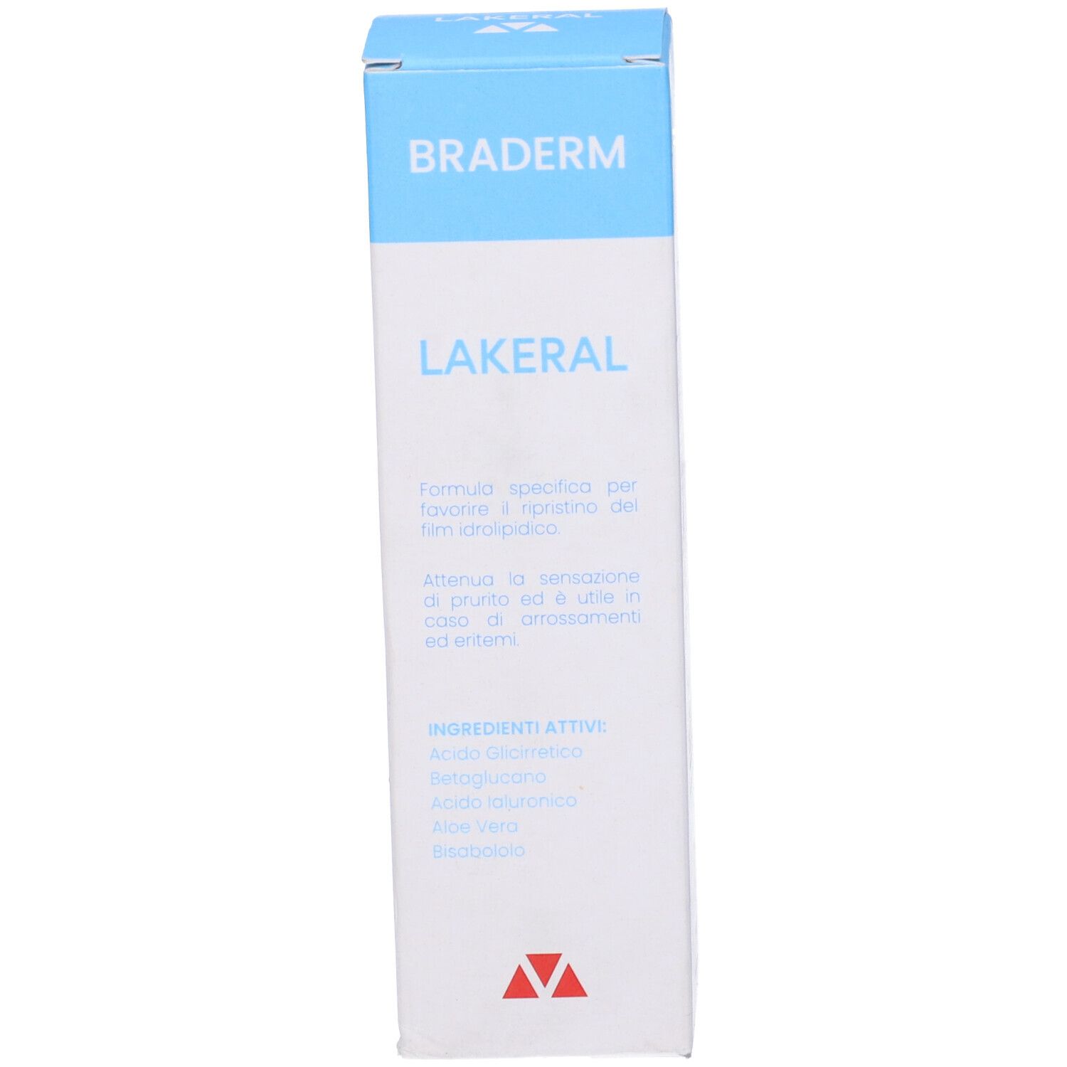Scatola con testo e logo Braderm. Nome del prodotto LAKERAL. Ingredienti e istruzioni.
