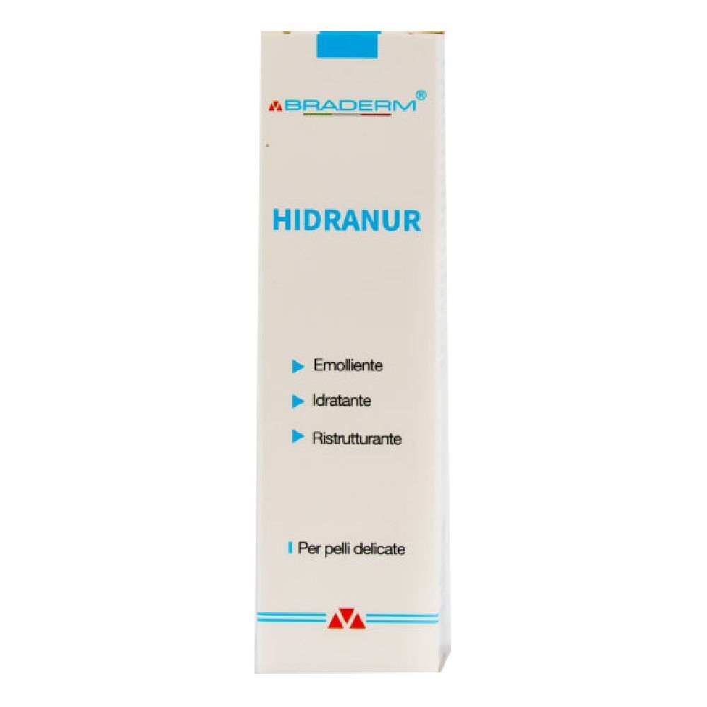 Scatola HIDRANUR Braderm. Scritta: Emolliente, idratante, ristrutturante. Blu e bianco. Per pelli delicate.