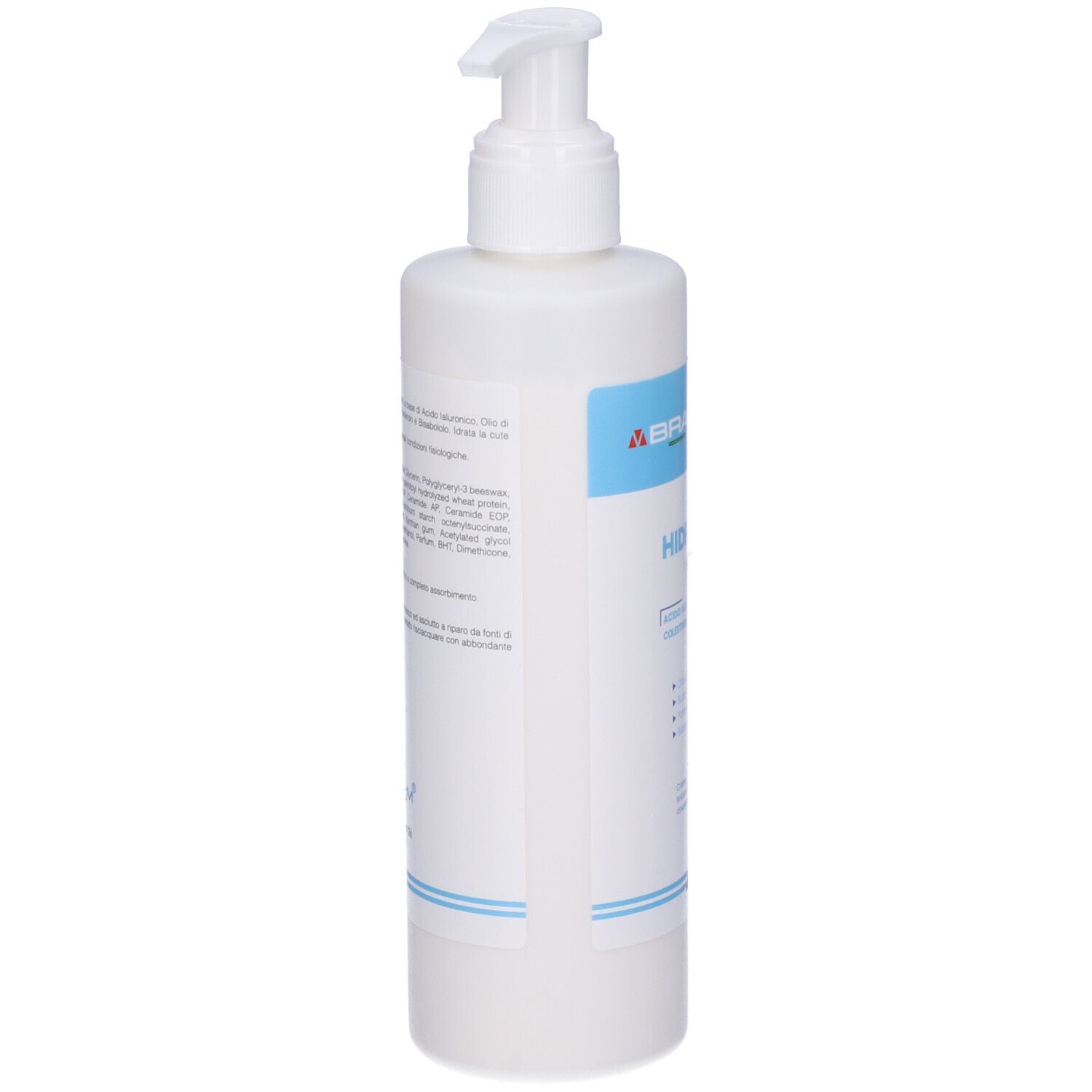 Flacone bianco con pompa. Marchio Braderm e nome HIDRANUR. Dettagli blu. Testo sul retro.