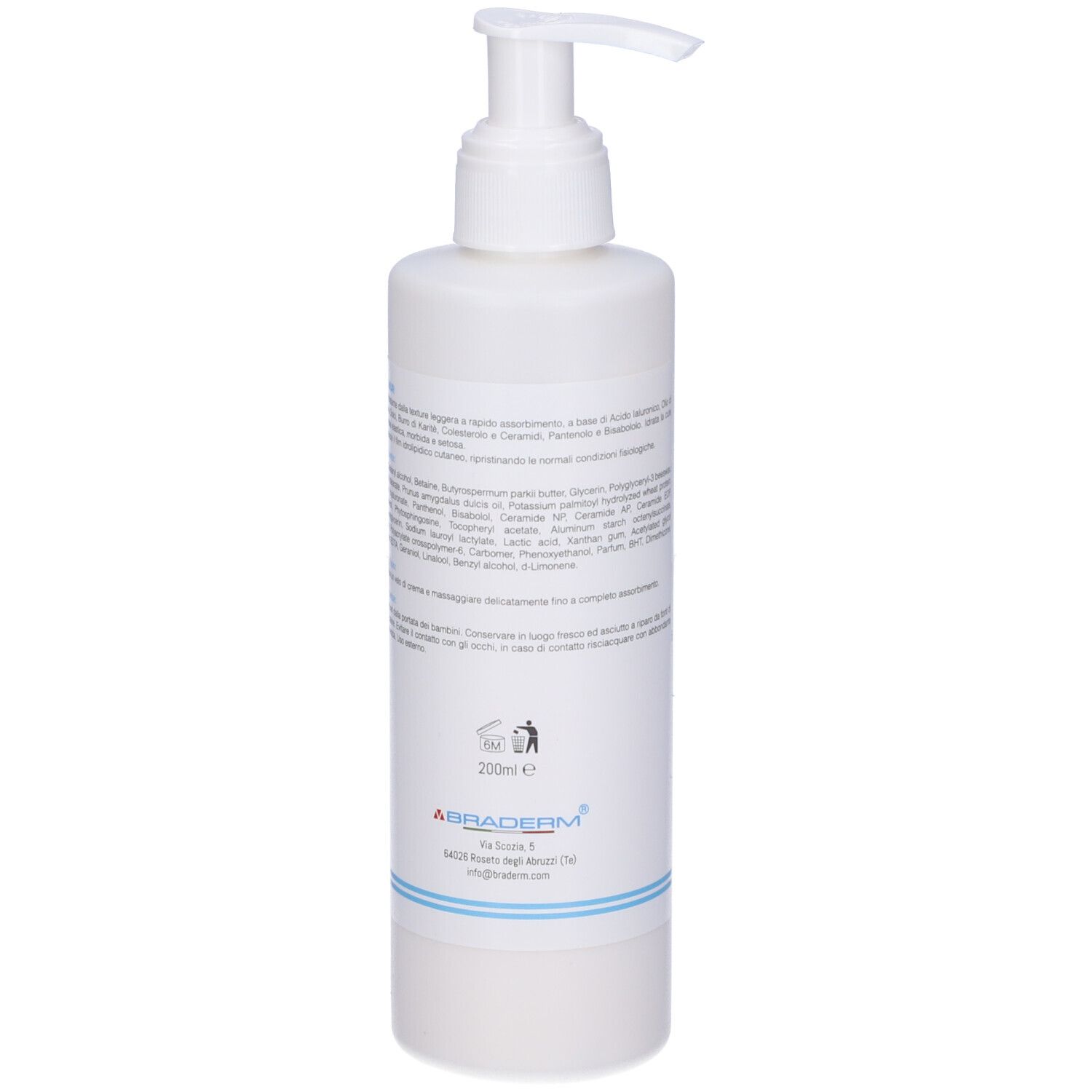Flacone bianco con pompa. Marchio Braderm e nome HIDRANUR. Dettagli blu. Testo sul retro.