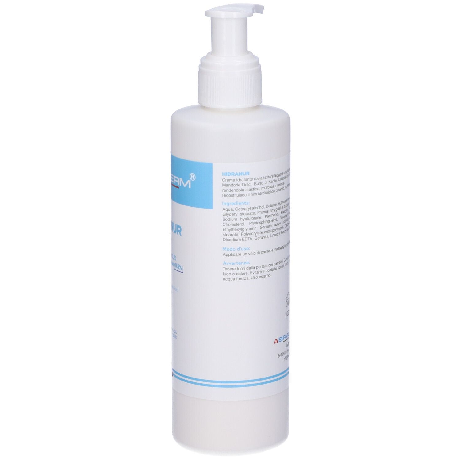 Flacone bianco con pompa. Marchio Braderm e nome HIDRANUR. Dettagli blu. Testo sul retro.
