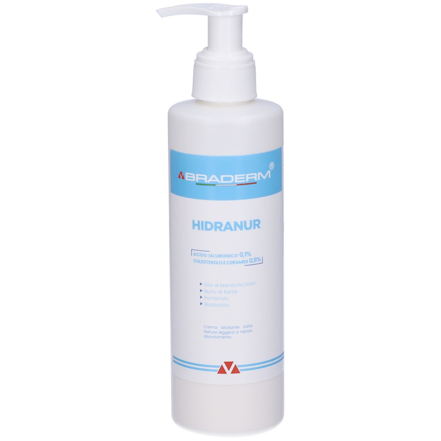 Flacone bianco con pompa. Marchio Braderm e nome HIDRANUR. Dettagli blu. Testo sul retro.