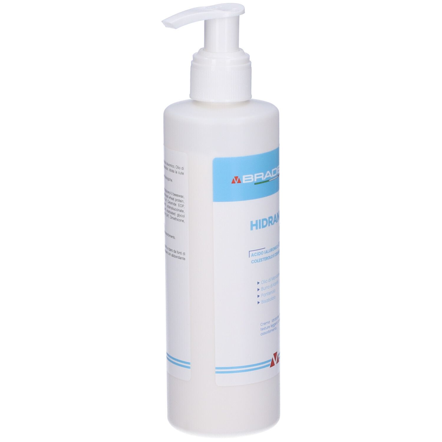 Flacone bianco con pompa. Marchio Braderm e nome HIDRANUR. Dettagli blu. Testo sul retro.