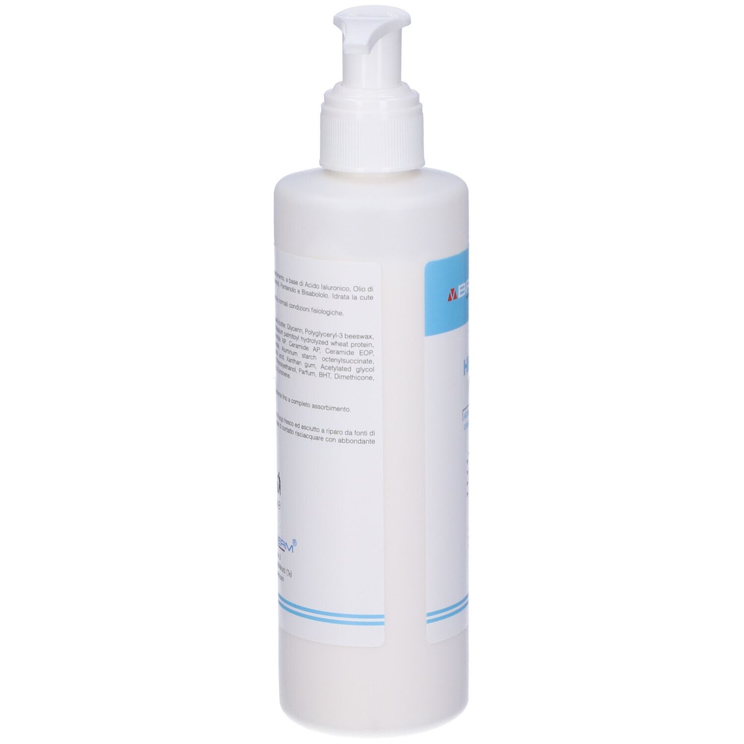 Flacone bianco con pompa. Marchio Braderm e nome HIDRANUR. Dettagli blu. Testo sul retro.
