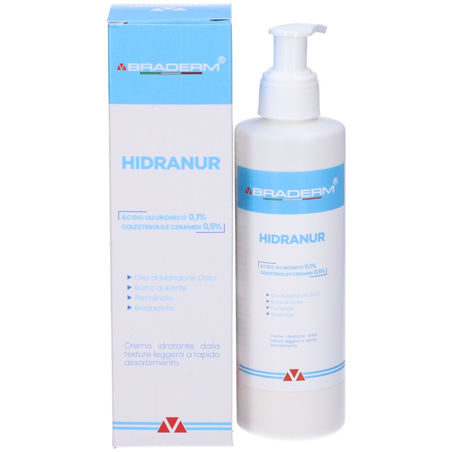 Prodotto e confezione. Flacone bianco con pompa e scatola. Marchio Braderm e nome HIDRANUR.