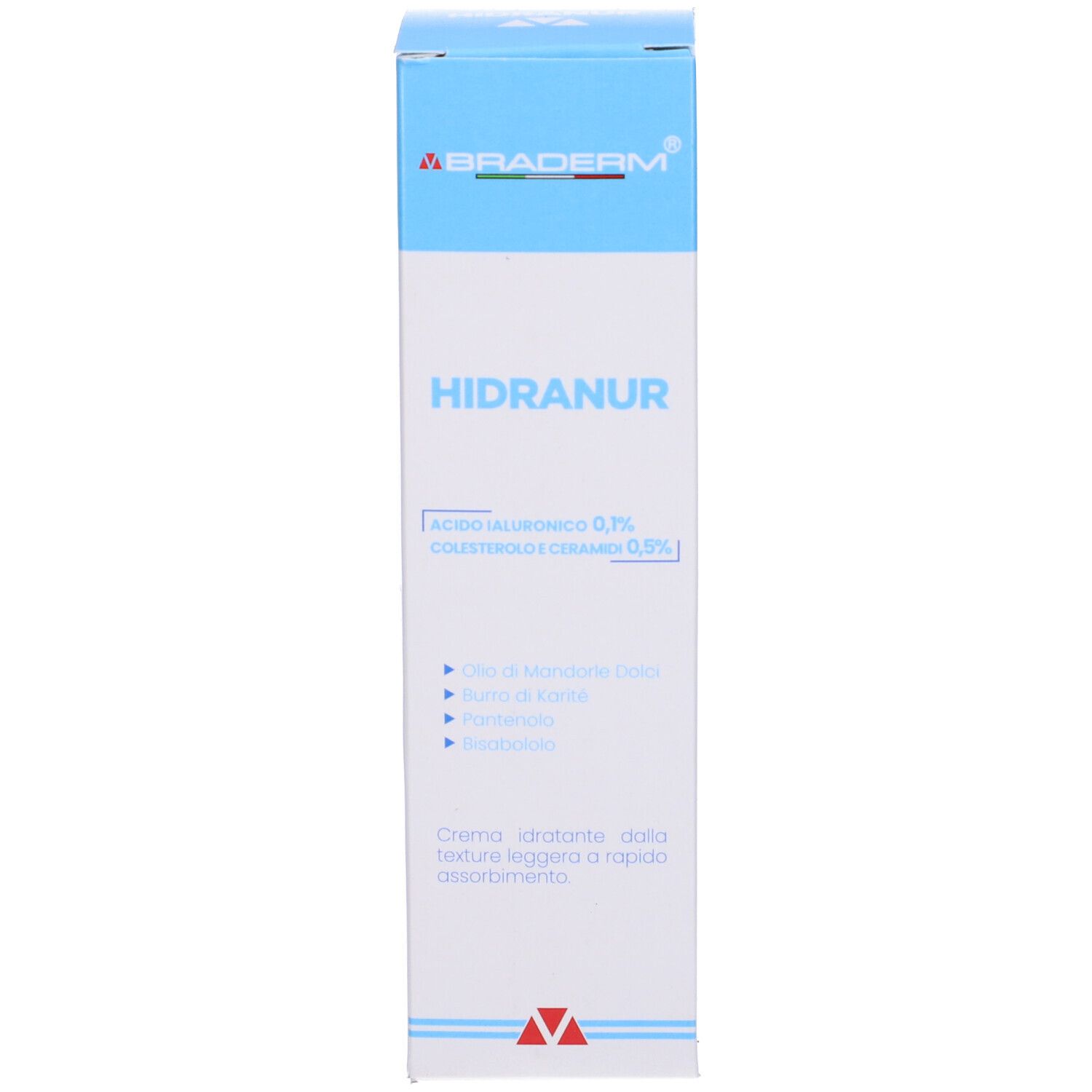Scatola. Marchio Braderm e nome HIDRANUR. Blu e bianco. Testo: Acido Ialuronico, Colesterolo.
