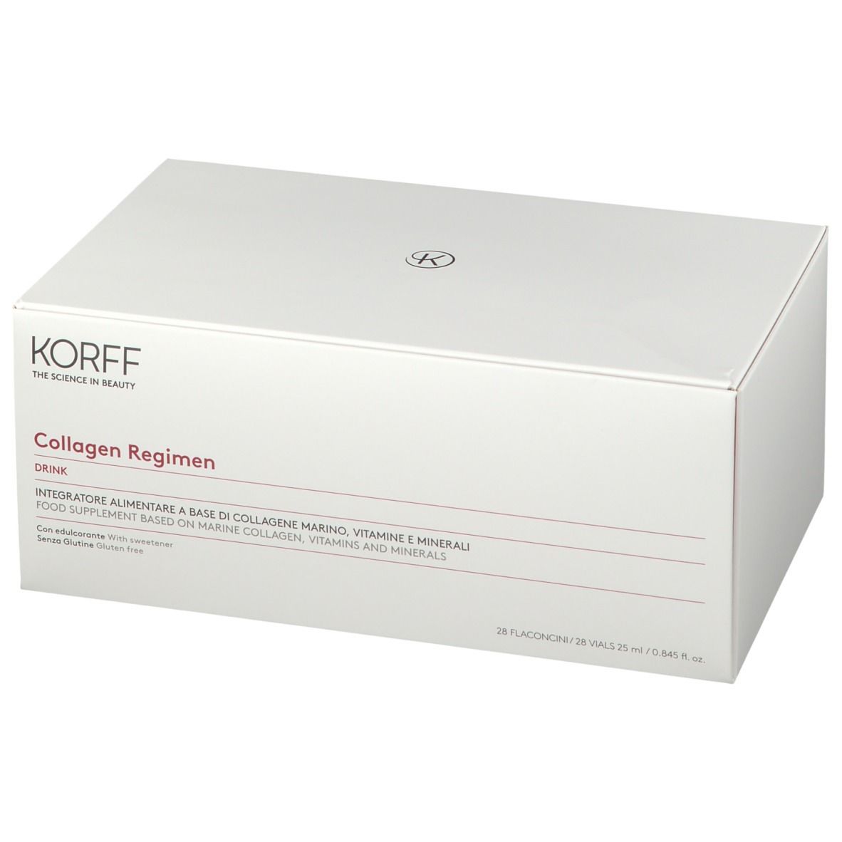 KORFF Collagen Regimen Drink. Scatola bianca con informazioni sul prodotto. Scritta: Integratore alimentare a base di collagene marino, vitamine e minerali.