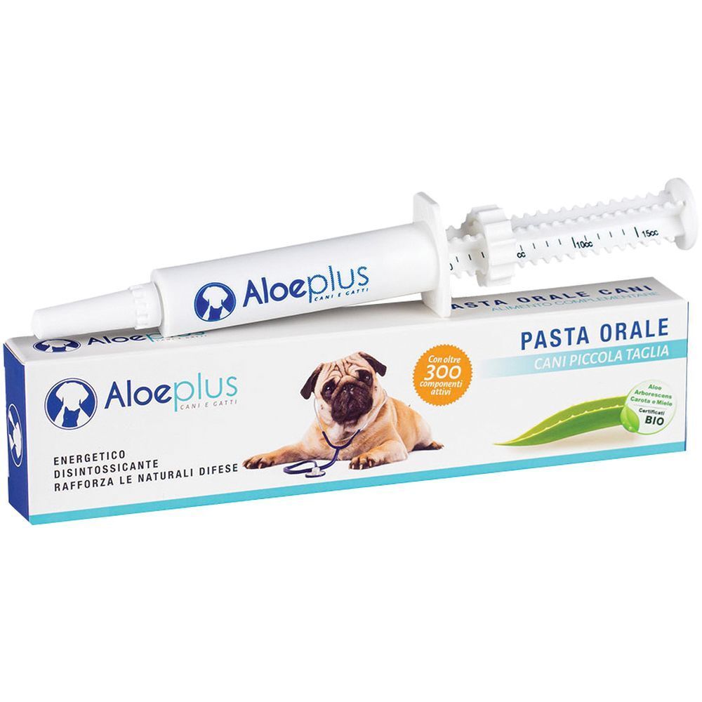 Confezione e siringa Aloeplus. Sulla confezione è raffigurato un cane. Testo: Pasta Orale Cani Piccola Taglia.