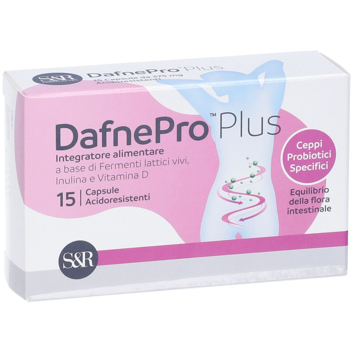 Confezione DafnePro Plus. Scatola bianca e rosa. Contiene 15 capsule. Logo S&R.