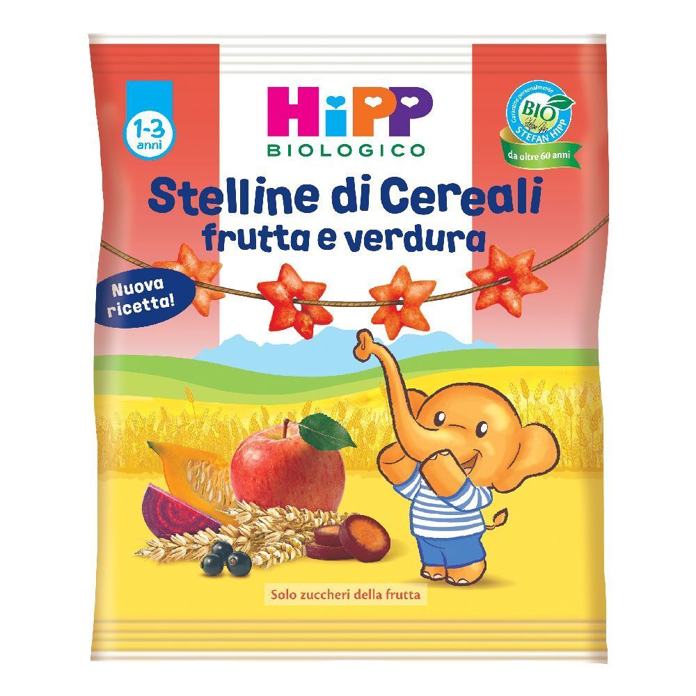 Confezione di HiPP Stelline di Cereali alla Frutta. Logo, frutta e illustrazione di un elefante.
