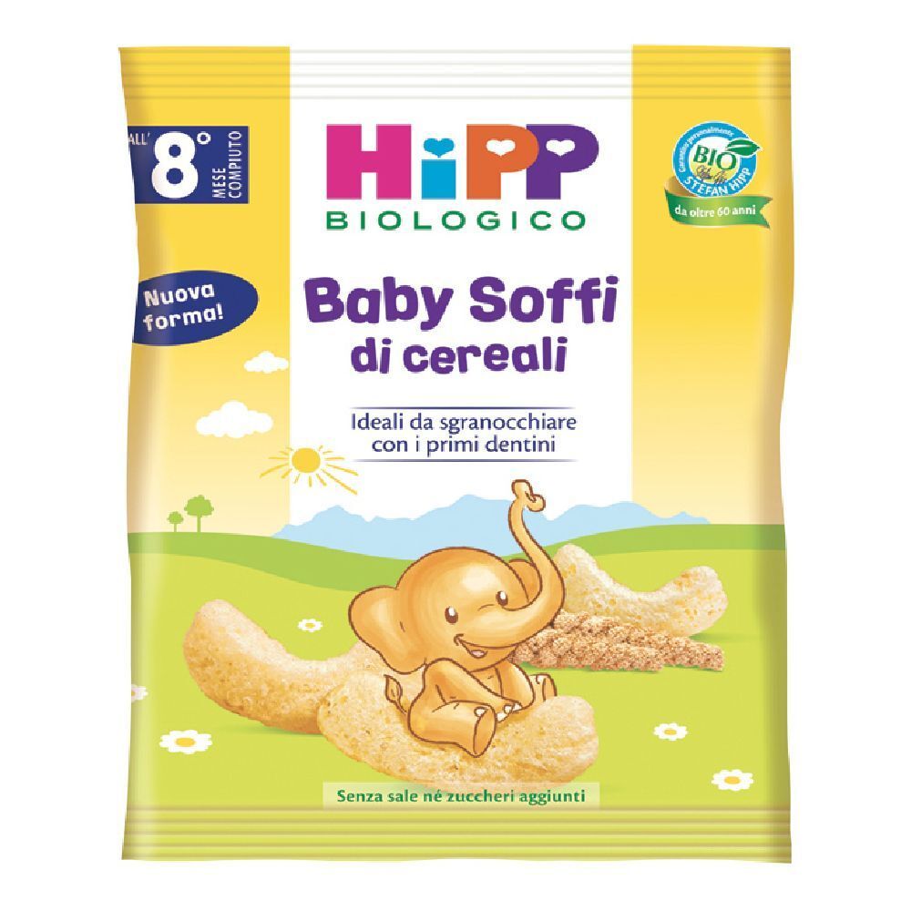 Confezione gialla con logo HiPP e "Baby Soffi di cereali". Illustrazione di elefante e cereali. Sigillo biologico.