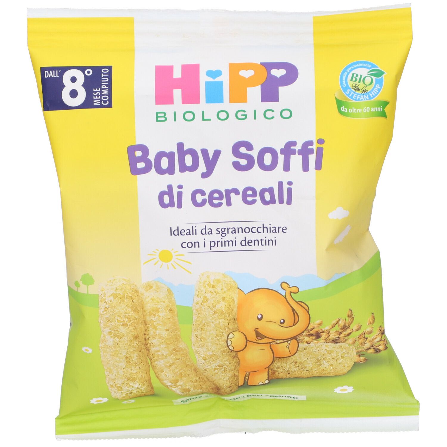 Confezione gialla con logo HiPP e "Baby Soffi di cereali". Illustrazione di cereali e elefante. Sigillo biologico.