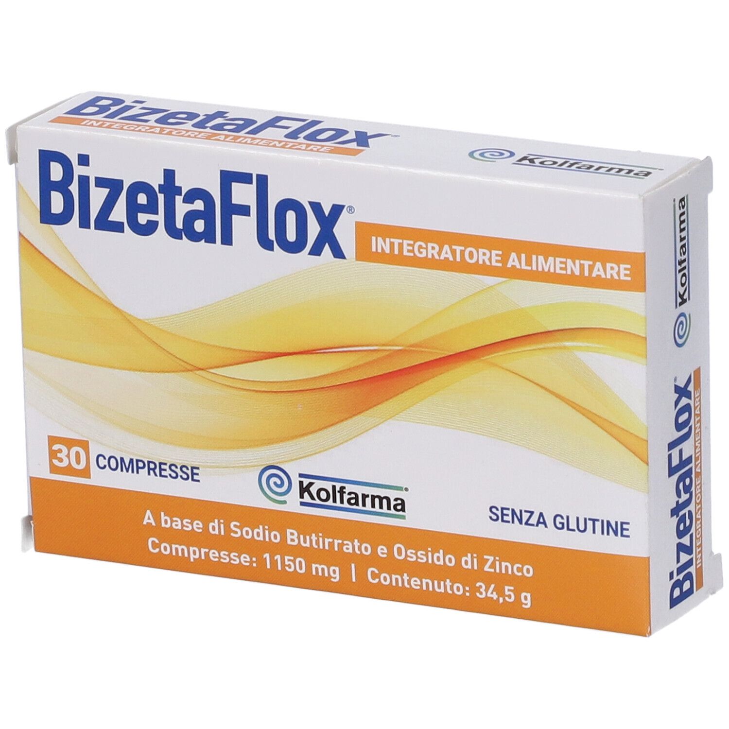 Scatola "BizetaFlox" con 30 compresse. Contiene sodio butirrato e ossido di zinco. Marchio: KOLFARMA. Testo: Integratore alimentare, senza glutine.