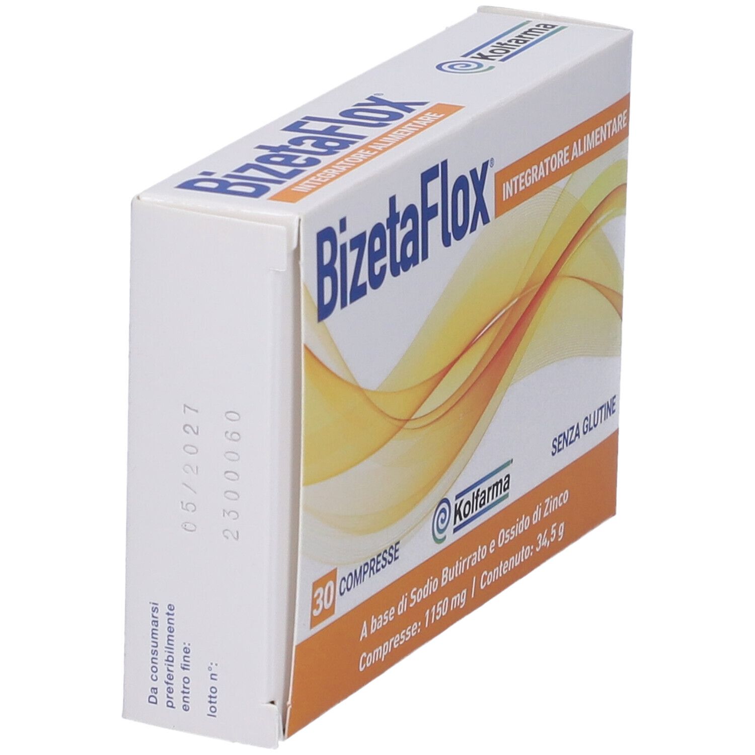 Scatola "BizetaFlox" con 30 compresse. Contiene sodio butirrato e ossido di zinco. Marchio: KOLFARMA. Testo: Integratore alimentare, senza glutine.