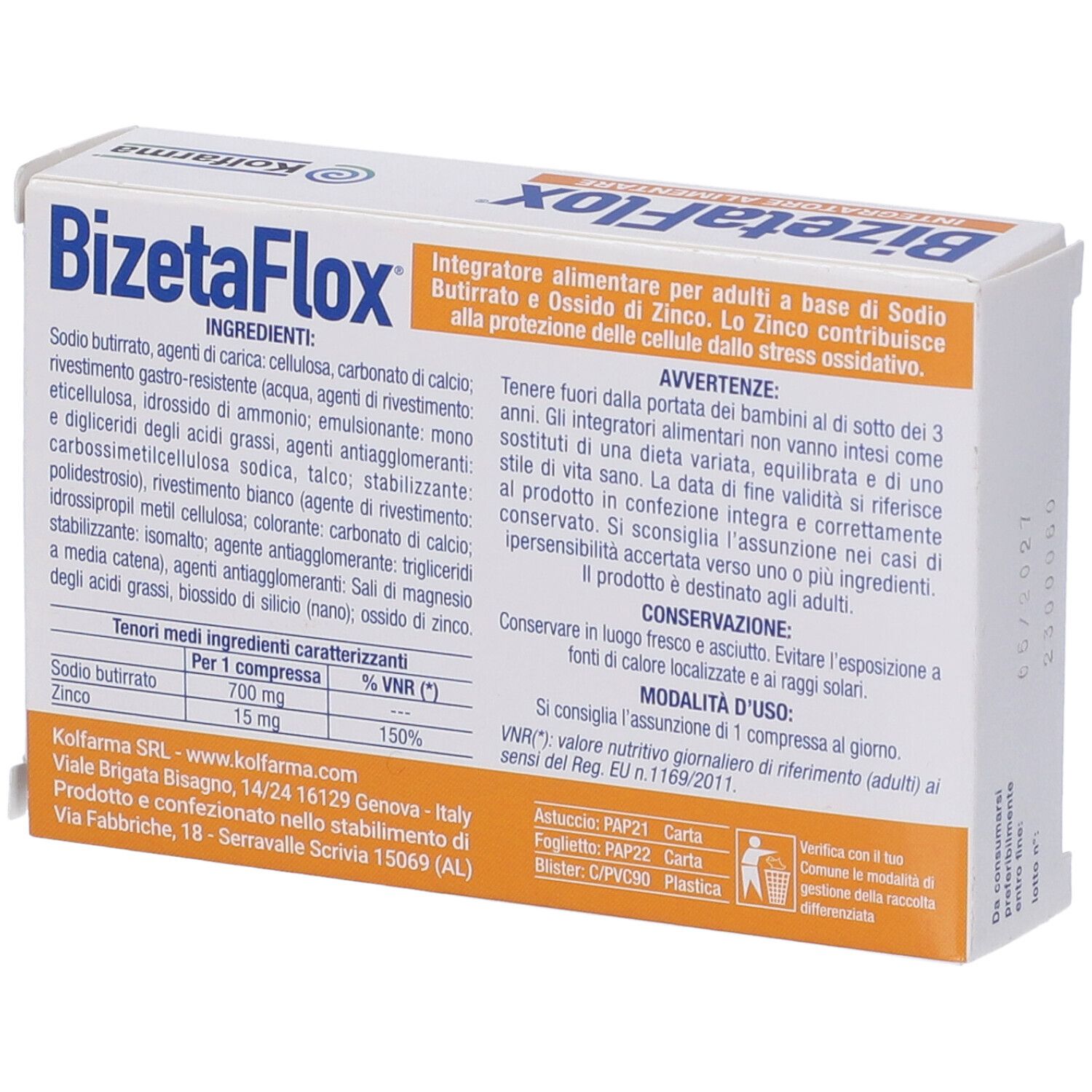 Retro della confezione "BizetaFlox". Contiene ingredienti, istruzioni per l'uso e informazioni del produttore. Marchio: KOLFARMA.
