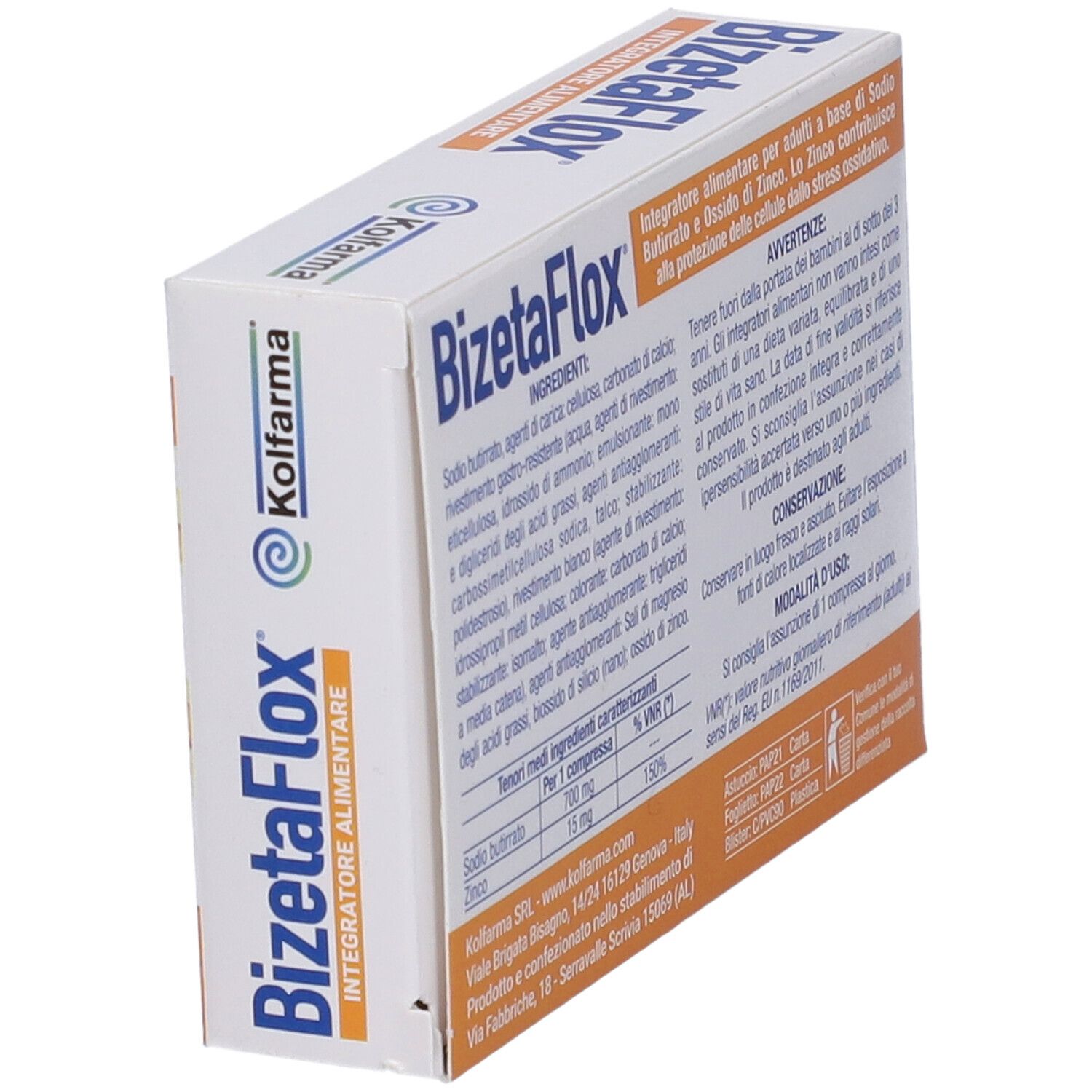 Retro della confezione "BizetaFlox". Contiene ingredienti, istruzioni per l'uso e informazioni del produttore. Marchio: KOLFARMA.