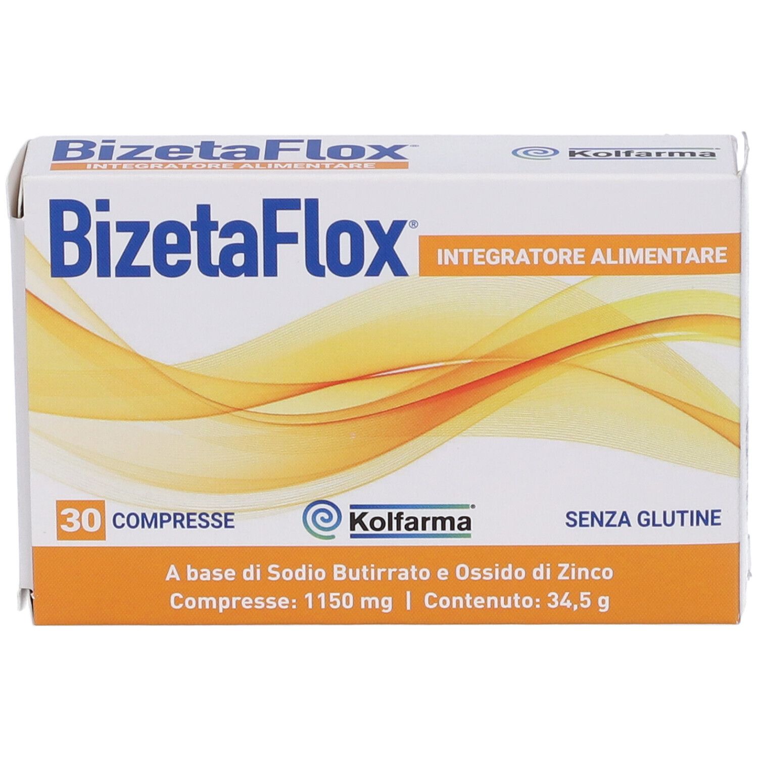 Scatola "BizetaFlox" con 30 compresse. Contiene sodio butirrato e ossido di zinco. Marchio: KOLFARMA. Testo: Integratore alimentare, senza glutine.