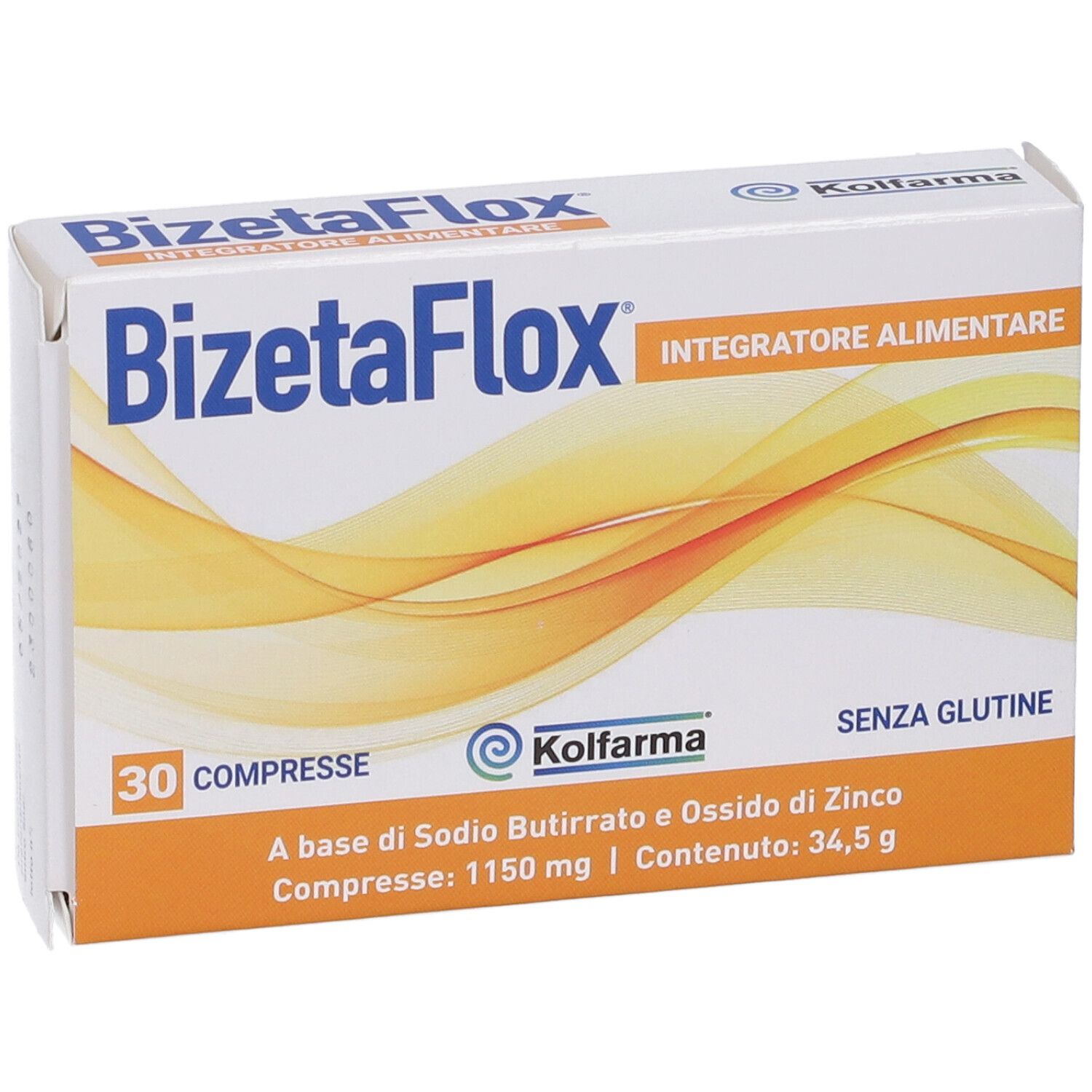 Scatola "BizetaFlox" con 30 compresse. Contiene sodio butirrato e ossido di zinco. Marchio: KOLFARMA. Testo: Integratore alimentare, senza glutine.