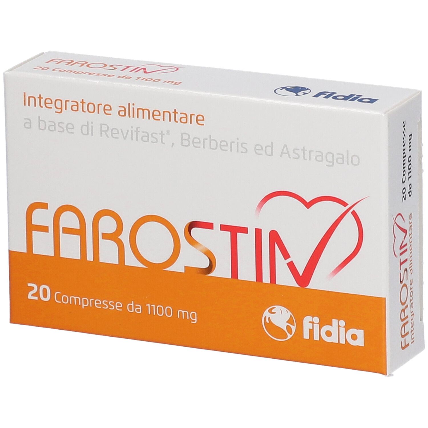 Scatola di compresse Farostin. Scritta: 20 compresse da 1100 mg. Marchio: Fidia.