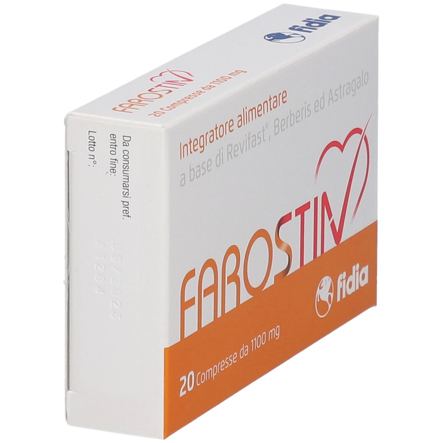 Scatola di compresse Farostin, angolata. Scritta: 20 compresse da 1100 mg. Marchio: Fidia.