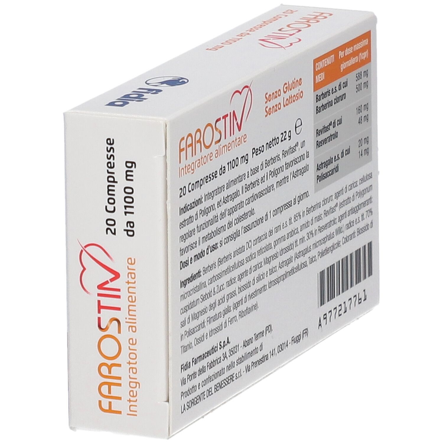 Scatola di compresse Farostin angolata. Scritta: 20 compresse da 1100 mg. Marchio: Fidia.