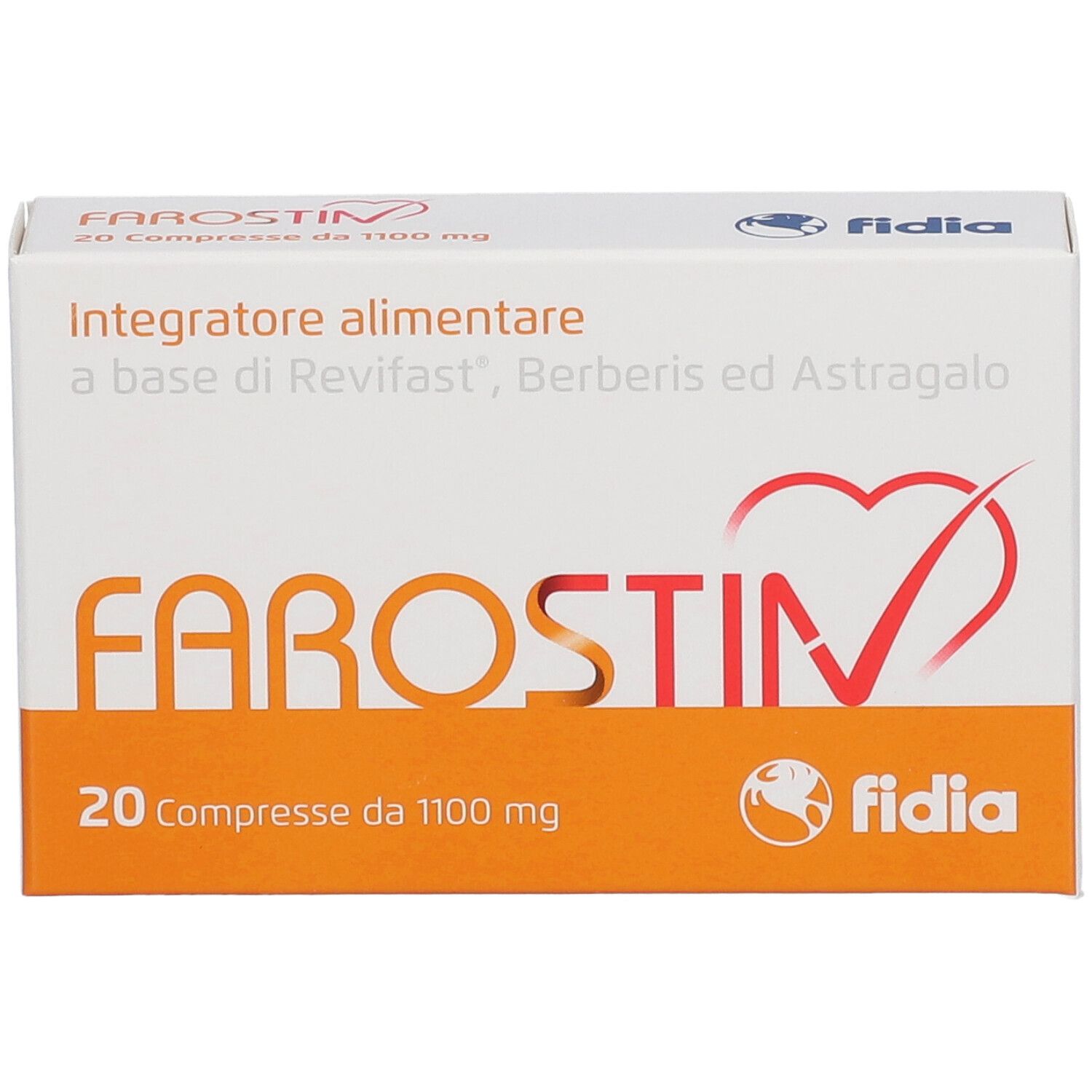 Scatola di compresse Farostin. Scritta: 20 compresse da 1100 mg. Marchio: Fidia.