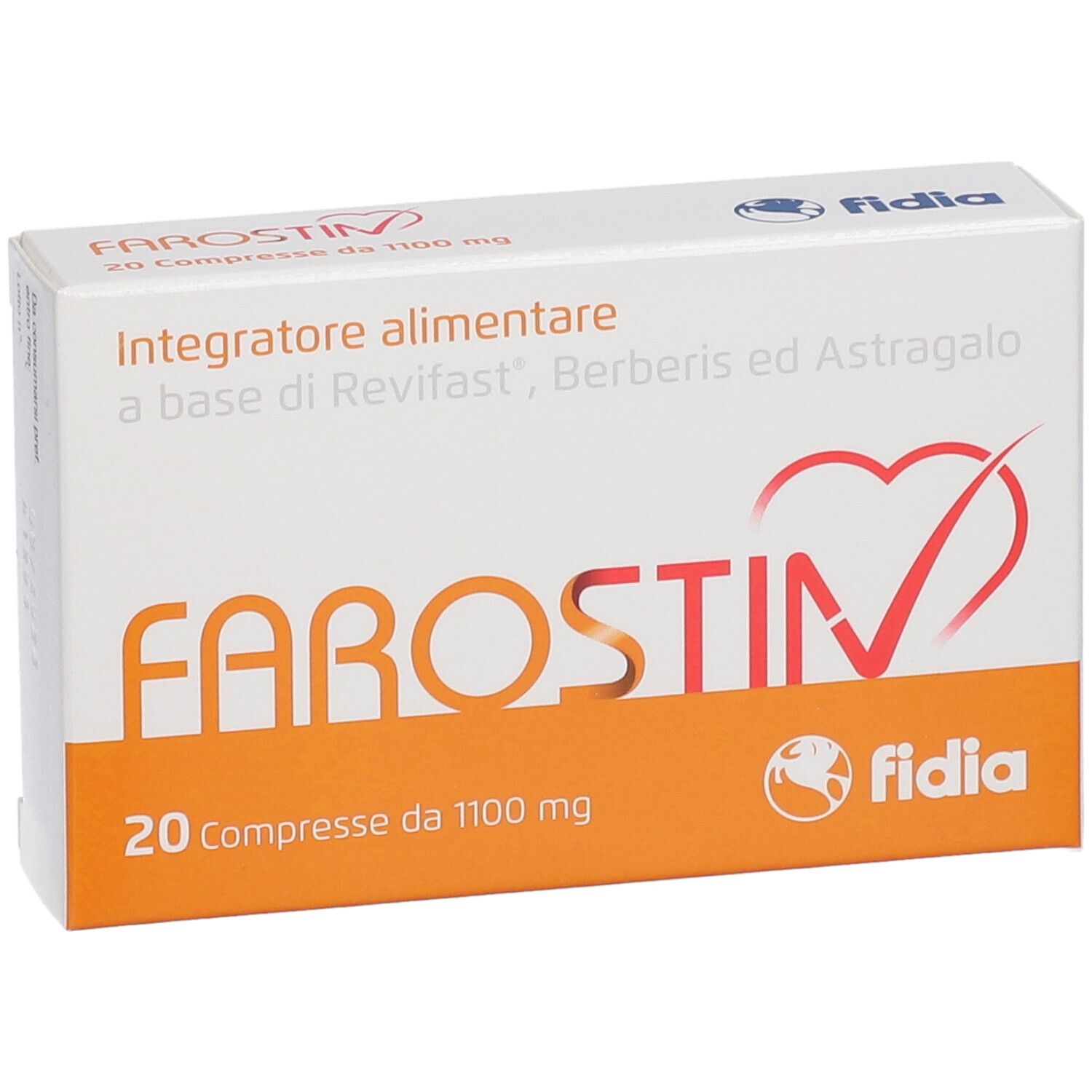 Scatola di compresse Farostin. Scritta: 20 compresse da 1100 mg. Marchio: Fidia.