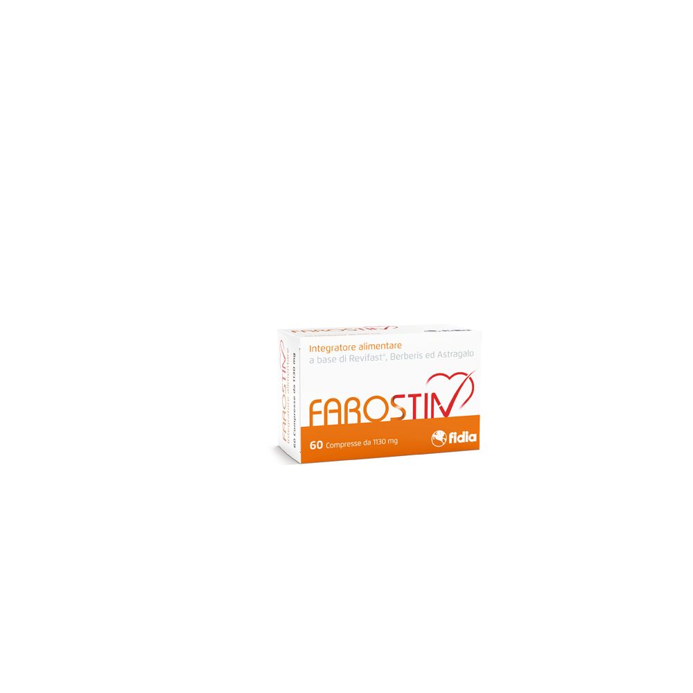 Scatola di Farostin Compresse. 60 compresse, 1130 mg. Marchio Fidia. Bianco e arancione.