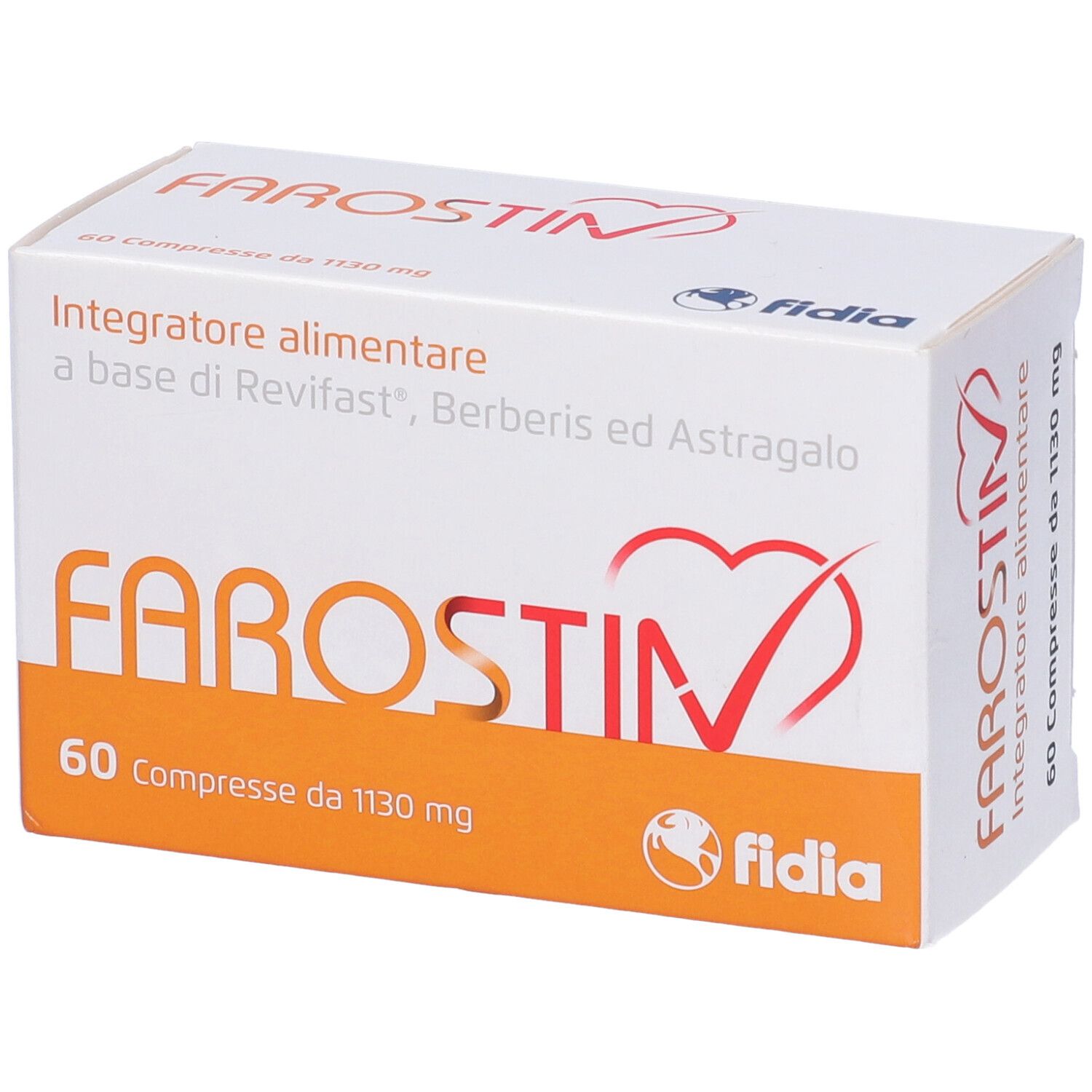 Scatola Farostin Compresse. 60 compresse, 1130 mg. Marchio Fidia. Ingredienti e logo.