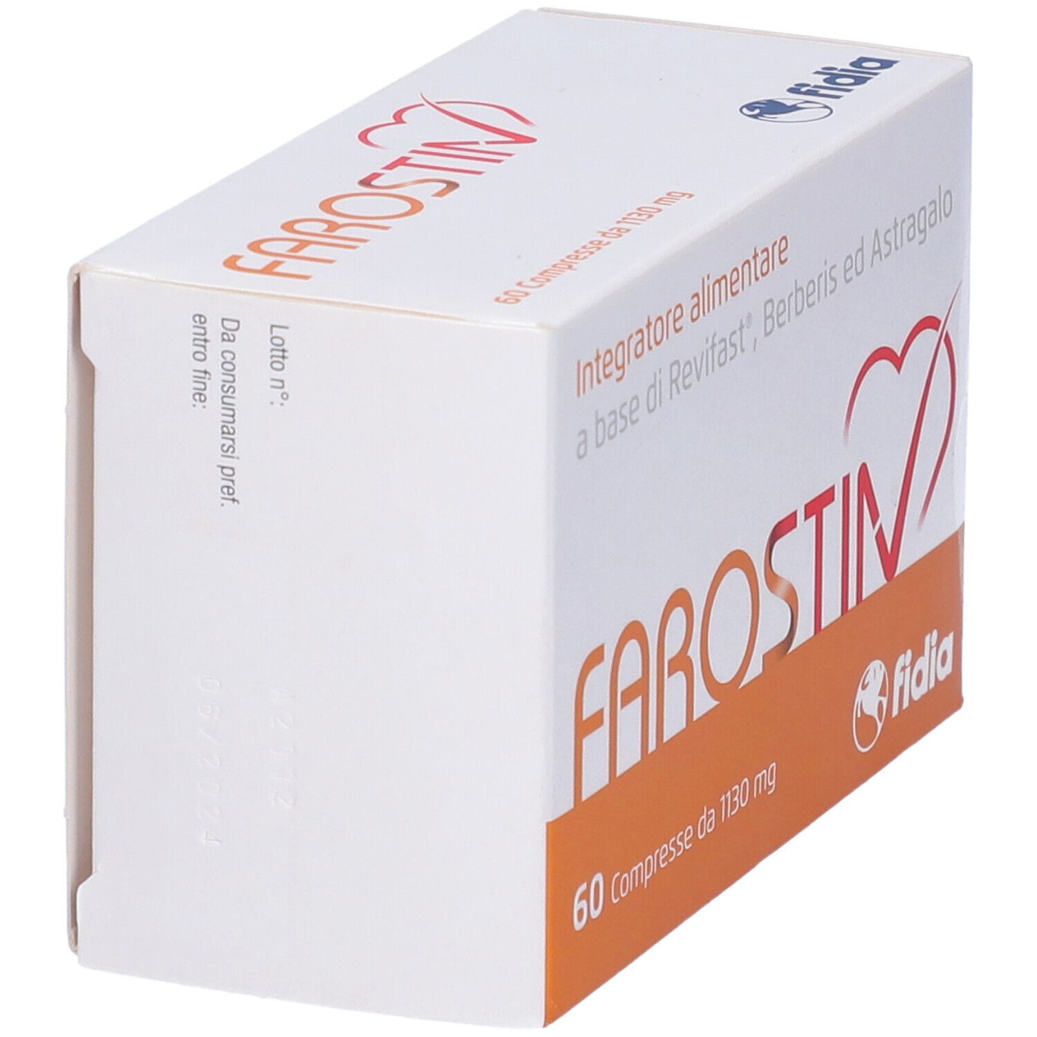 Scatola Farostin Compresse. 60 compresse, 1130 mg. Marchio Fidia. Vista laterale con testo.